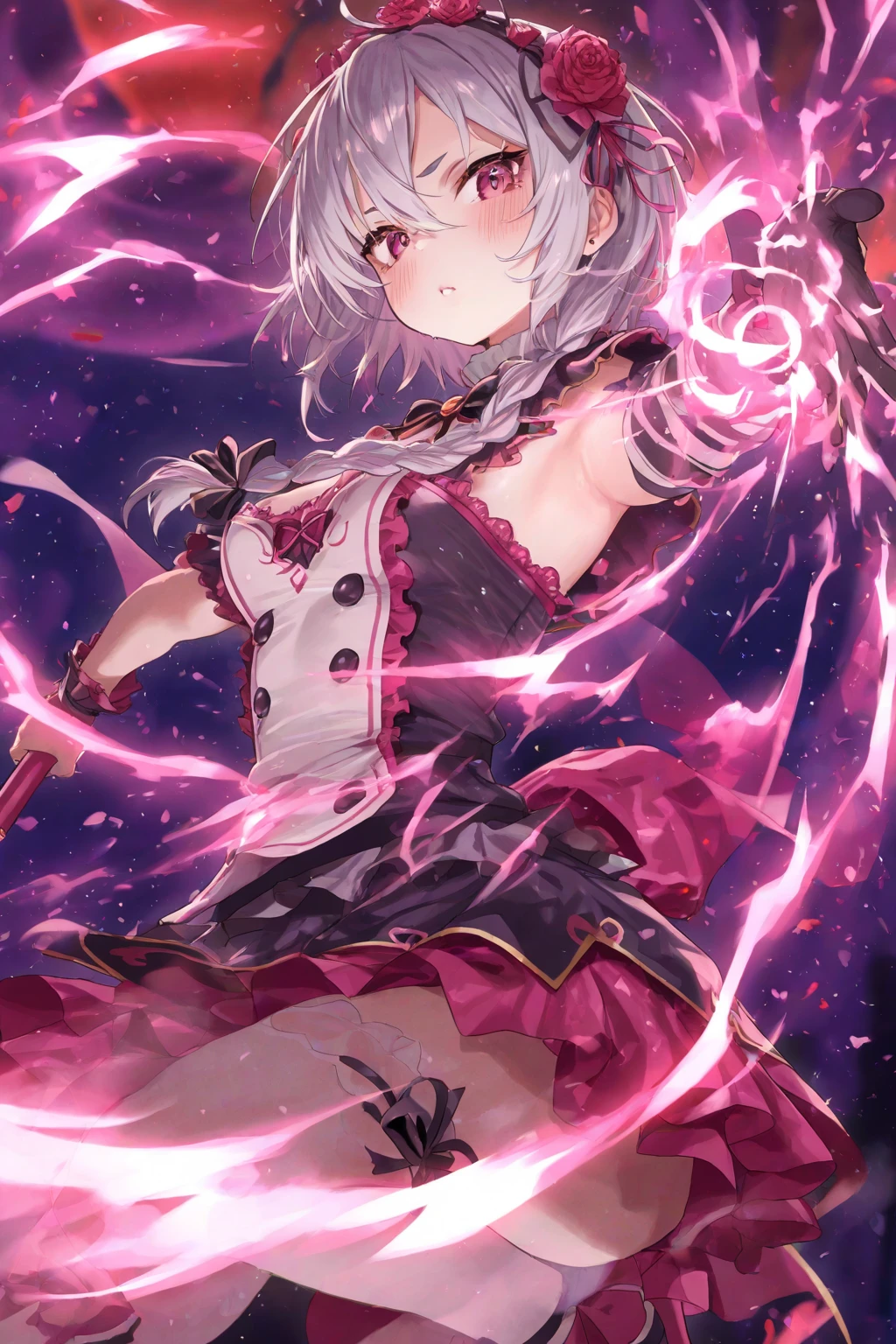 masterpiece、be familiar with、16k、shiny skin、1 girl、(Magical girl flying in the night sky)、(have a magic wand:1.3)、exploding universe、big breasts、big ass、(thigh focus)、pink long blonde、ponytail、brown eyes、(非常にbe familiar withな目と顔)、accurately drawn face、(intricate pink and white dress)、Layer Dresses、super mini skirt、white leather knee high boots、bright contrast colors、Intricately designed details、Particles of light surround her、(heart shaped pink effect:1.5)、(dynamic pose)、(Ghost Smile)、(open your arms:1.5)、(Sparks dance in the night sky:1.3)、(view from above)、