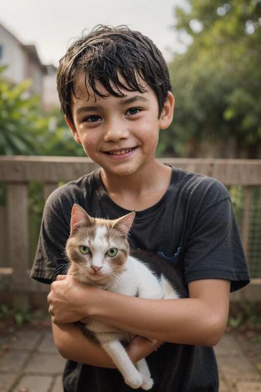 Retrato realista de um menino de sete anos, Ele usa uma camisa vermelha . Your face is and exploratory . Ele sai cautelosamente para o jardim da casa,  A small cat is among the bushes and he touches it cautiously ,Not facing the camera,, Hair is messy , 