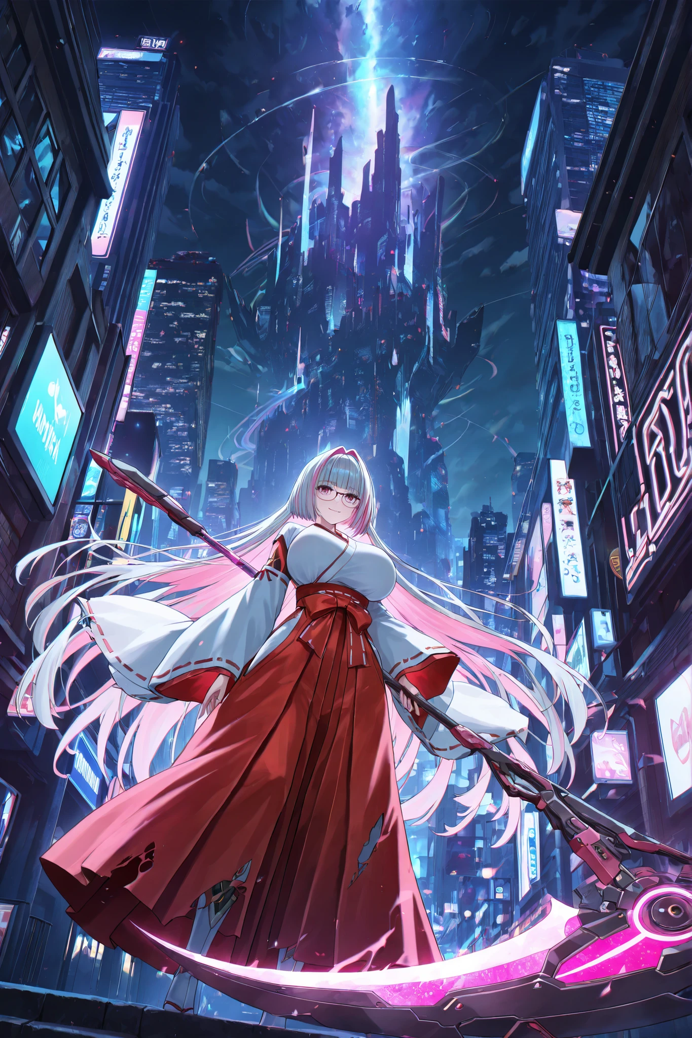 masterpiece, top quality, vibrant, Very Aesthetic, high contrast, Newest, Scenery, Neon Rim Light,dark, torn clothes,light smile, 1girl, glasses,very long hair,pink hair, hair intakes, streaked hair, grey hair,  huge breasts,One Curl Bob Cut Hair,big Scythe,holding Scythe ,miko ,Cybernetic enhancements airborne Dynamic poses futuristic cityscape , Trails of Shining Energy, Flowing outfits , Holographic Effects, action shot high angle or low angle 