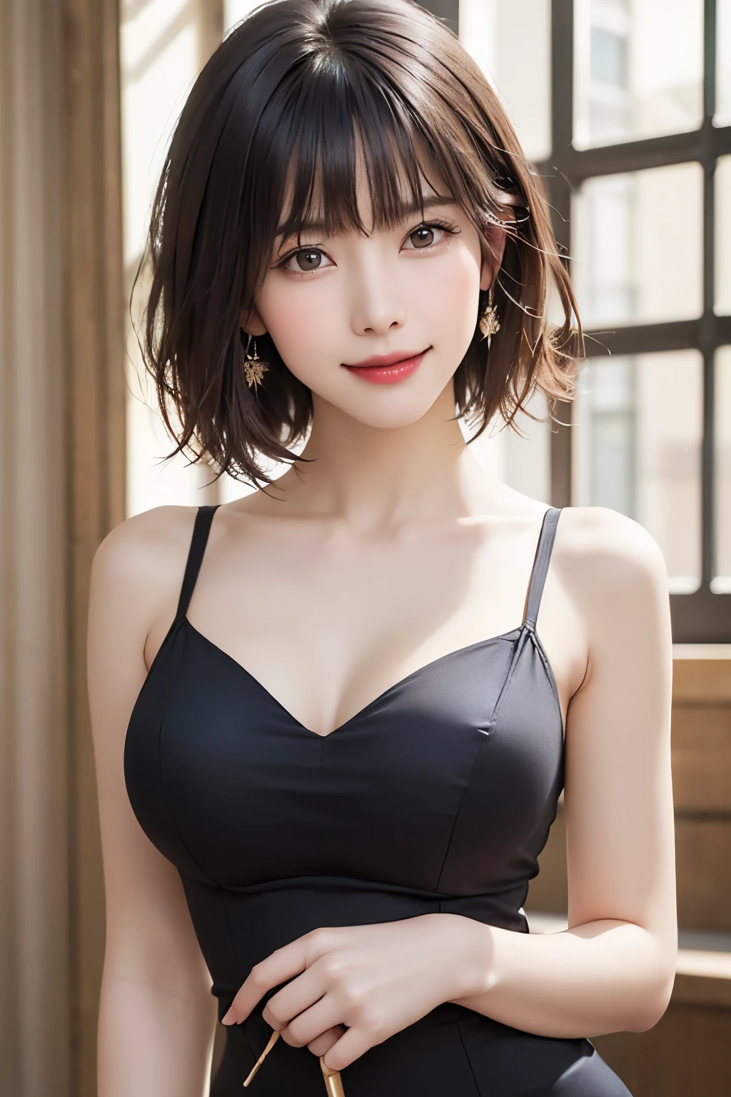 (masterpiece、Highest quality、Highest quality、Draw everything with great detail)、Beautiful woman, Very sexy perfect anatomy body, Big breasts looking straight into the camera,{gigantic|big|huge|mega} breasts, cleavage、 Sexy look, Hold your chest between your arms to create cleavage, chest closer, Coquettish smile, Smile, Skin luster, Big eyes,Light brown eyes、 Pupil highlights, Beautiful double eyelids, eyelash, Long neck, Beautiful Short Hair, Shiny black hair, bangs, Pure white background, No background, Colorful off-shoulder