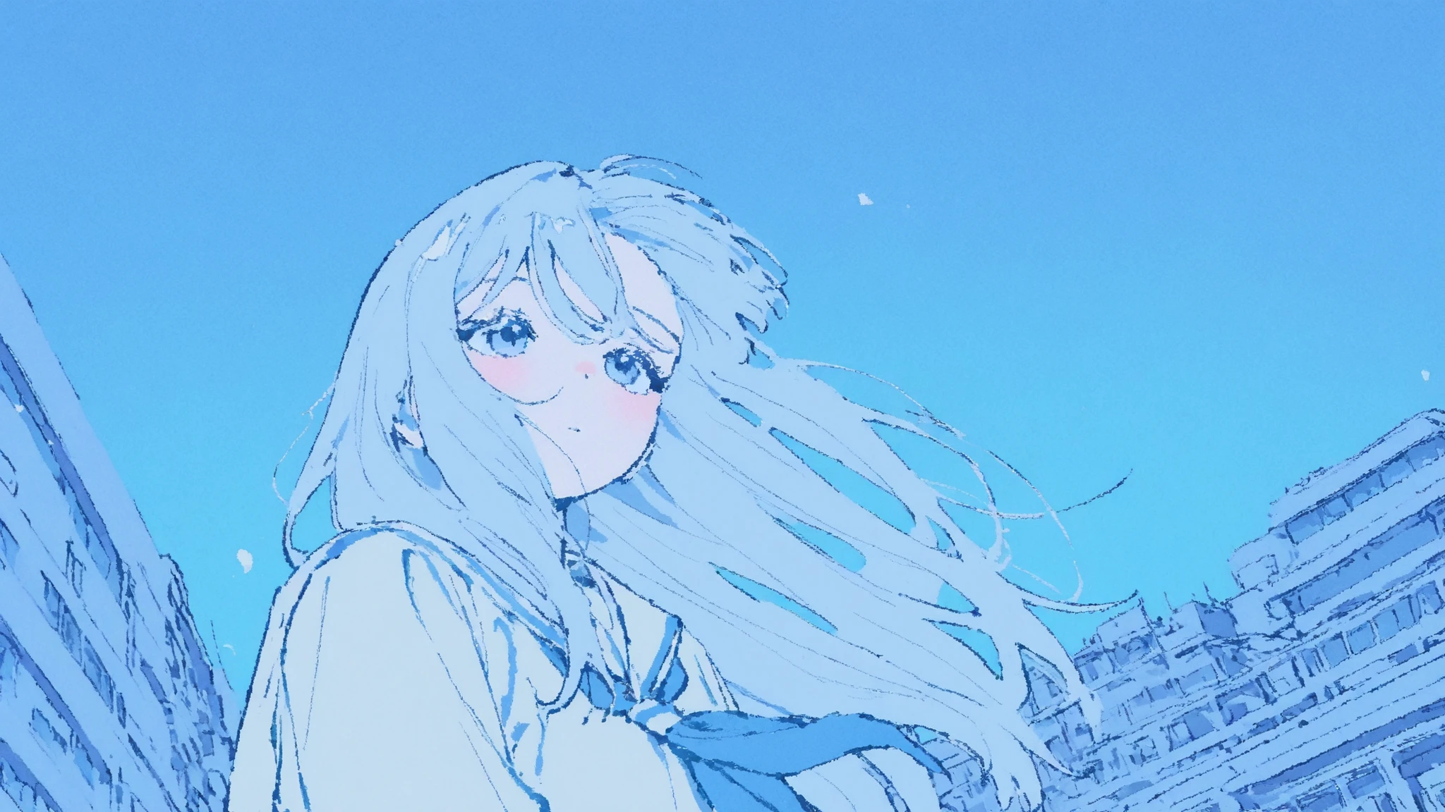 City Pop, School uniform, 1girl, Blue 생머리 소녀, Blue, Room, depressing , dreamy and emotional atmosphere with hair flipping, illustration style, expressionless ,wind,Handing over the hair, cute face