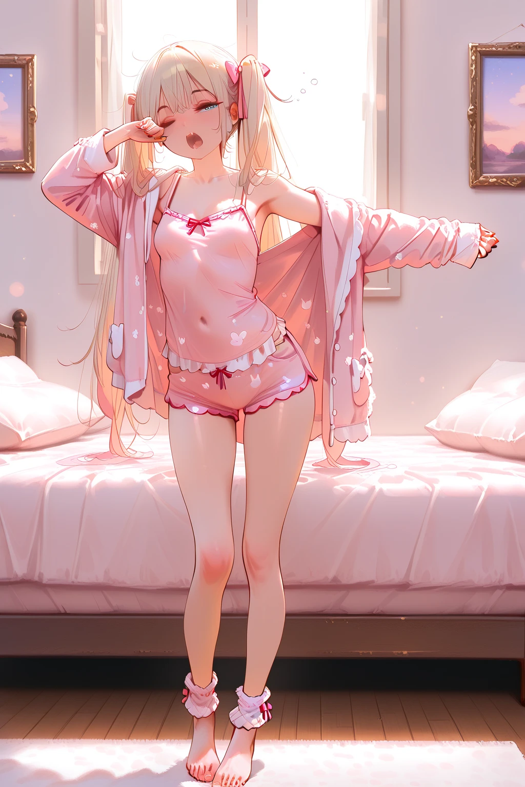masterpiece、highest quality、Very detailed、Photograph the upper body、1 female、(Put your arms behind your back:1.4)、Are standing、Turn your body forward、View your viewers、(night gown)、break,blush、shy、Pink Hair、Open your mouth、living room、night、Big Breasts、