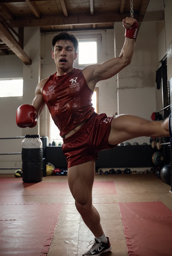 a lean skinny 18-year old shirtless caucasian boy wearing green boxing gloves, black boxing shorts, crewcut brown hair, blue eyes, tanned skin, sweating, drenched with sweat, in the ring