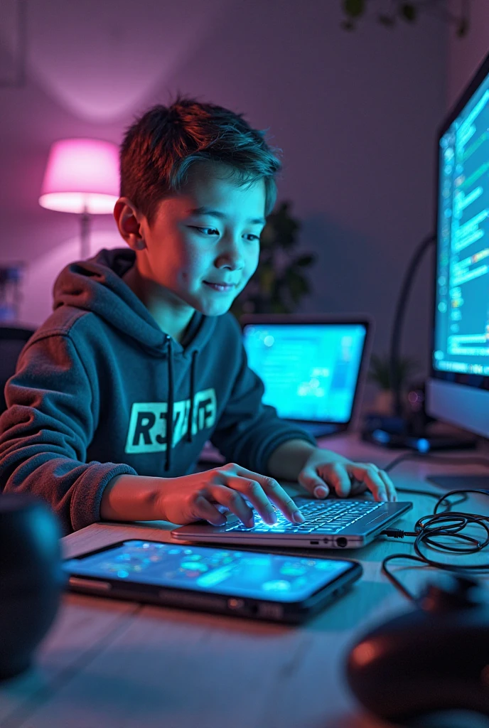 Make the 3d picture the boy sitting on dest and doing coding with cool and unique outfit on the wall the fame on the fame web master11 sit the boy perfectly and make it in unique room also with the cool desk with laptop