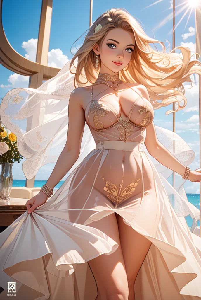 Create an image of the most stunningly gorgeous beautiful perfect sexy viking, high detailed sexy stunning face, perfect makeup, large lips, lipstick,beautiful perfect body, transparent lingerie sundress, dutch hair, 