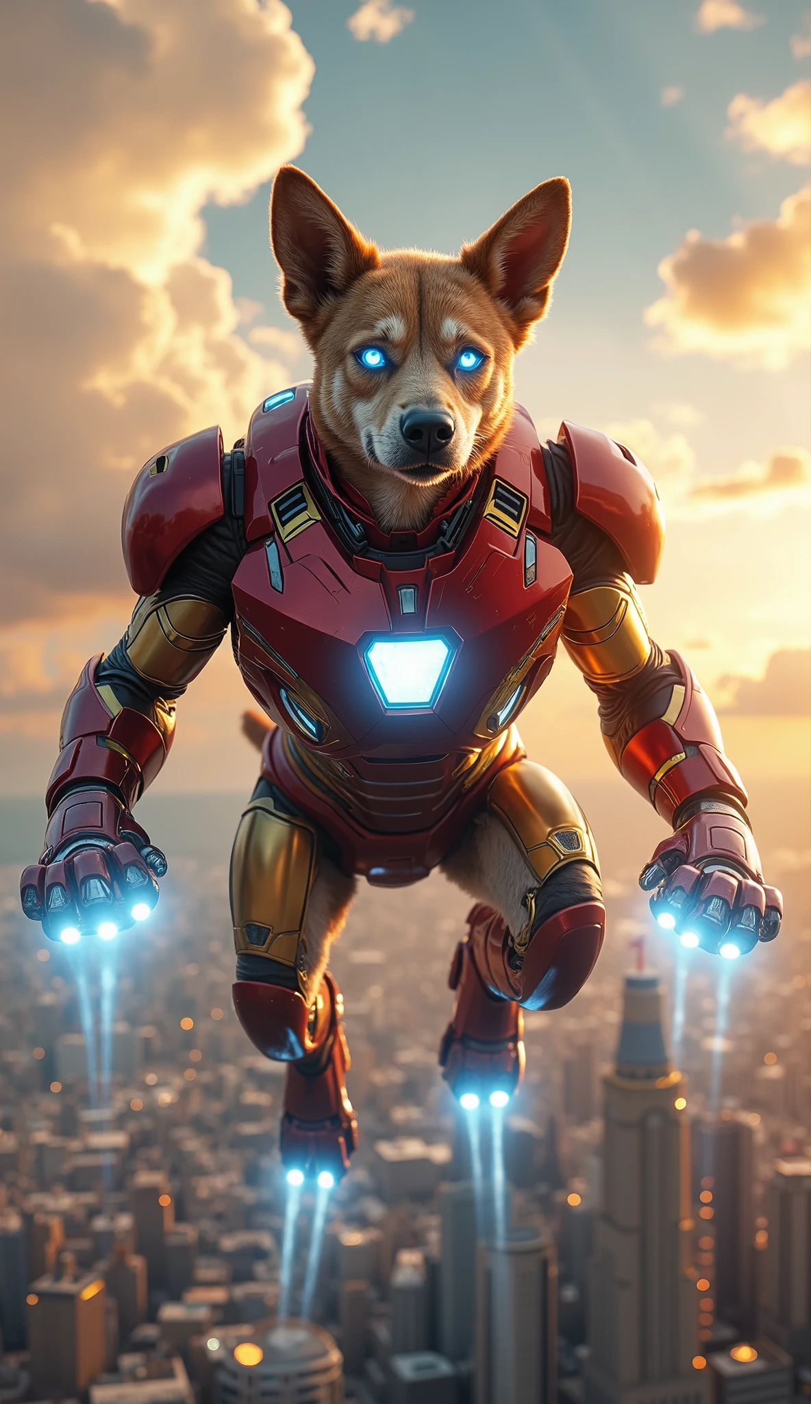 A dog in a full Iron Man suit, flying through the sky in natural dog form with all four legs extended in a soaring position. The entire body is completely covered in metallic red-and-gold Iron Man armor, including a sleek helmet that fully covers the face with glowing blue eyes in the mask. The chest features a bright glowing arc reactor, and each paw has repulsor lights emitting powerful blue energy beams, leaving radiant trails as the dog flies. The armor is ultra-detailed with realistic metallic textures, reflections, and sharp edges, designed to fit a canine body. Background shows a dramatic cinematic sky with glowing clouds, sunlight beams, and a futuristic city below. Ultra-realistic, highly detailed, HD image with epic superhero atmosphere.