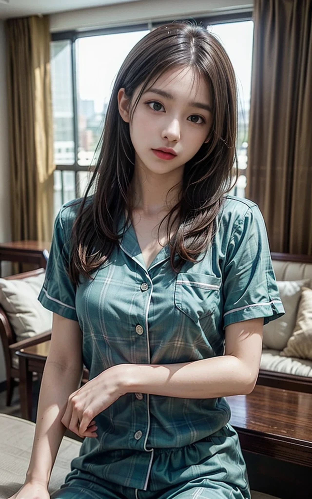 (Amazing Beautiful 20-Year-Old Woman : 1.2), (super high resolution : 1.4), (8K Quality), (ultra high definition pictures), (Super Realistic Textures), (Very Realistic Skin and Hair), (Middle straight hair:1.2), (Very beautiful face),((ulzzang-6500 : 1.2)), Mellow, (beautiful魅力的な大きな瞳と長いまつ毛:1.2),(midnight exterior:1.2), (Beautiful Green Short Sleeve Plaid Pyjamas:1.2), ((top floor)), (Resort Hotel Living Room and Terrace:1.2)、完璧なbeautiful二本の腕、完璧なbeautiful二本の脚、beautiful, Anatomically Perfectly Shaped Fingers、side shot、Shot admiring the view、slightly larger breasts、