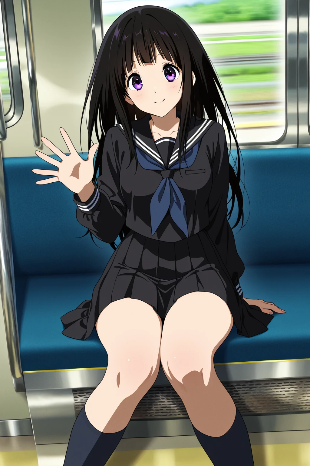 physical education sitting, , serafuku, kamiyama high \(hyouka\), black skirt, long sleeve, black sailor collar, break looking at viewer, break (masterpiece:1.2), highest quality, High resolution, unity 8k wallpaper, (figure:0.8), (detailed and beautiful eyes:1.6), highly detailed face, perfect lighting, Very detailed CG, (perfect hands, perfect anatomy),((skirt lift:1.1)), ((panties:1.2)), impressionism, professional lighting, blush, smile,at the park,((looking at the viewer:1.3)), ((A 1990s-style painting:1.3)), spread legs, Show panties, colorful, 1 girl,at the park, evening,