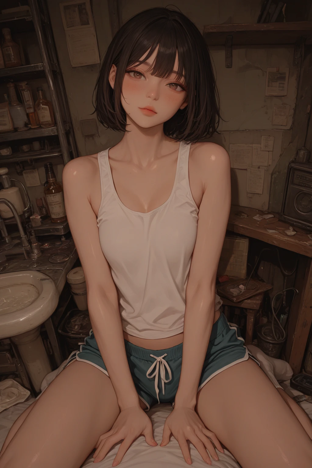 ((masterpiece, best quality)),((highres:1.2)),1 Girl, solo, Cowboy Shot, Blurred Background, ((flat chest:1.2)), Thighs, ((topless:1.2)), pussy, (naked), (((Impossible Pose))),