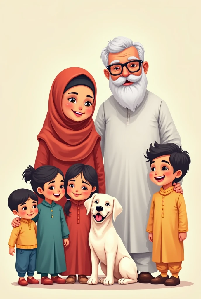 Create anime avatar family portrait of a Bangladeshi Muslim family with five members. 
1)The mother is a 45-year-old overweight woman weighing 90 kg wearing hijab and abhaya . 
2)The father dark brown skin tonned is a 65-year-old man with a white beard, wearing a cap and 
Punjabi . 
3)The eldest son is brown 21 years old adult man, wearing glasses, a shirt, and pants. 
4)The middle daughter is brown 19 years old adult women, wearing hijab and glasses .
5) The youngest son is brown , dressed in Islamic clothes  plain background.