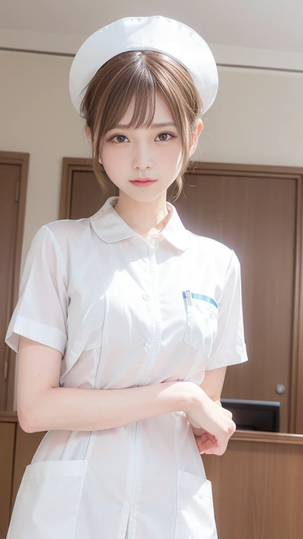 (top-quality、8K、32K、​masterpiece、nffsw:1.2)、Photo of a cute Japanese woman、女の子 1 人、(Medium short dark brown hair)、(large boob)、二重まぶた、White nurse uniform、White shirt、open-shirt、hospitals、Hospital Room、oppai、no-bra、Pink 、Open legs、Dark underhair、all-fours