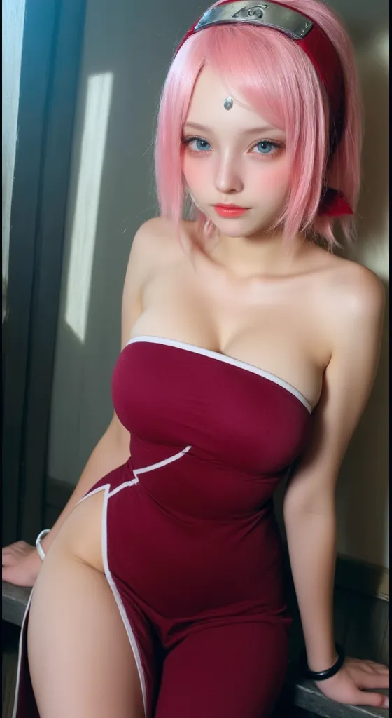 anime - style image of a woman in a red dress sitting on a bed, seductive anime girl, haruno sakura, sakura haruno, photorealistic anime girl render, smooth anime cg art, beautiful alluring anime woman, cute girl with short pink hair, digital anime art, beautiful alluring anime teen, realistic anime 3 d style, some pink, rendered in sfm