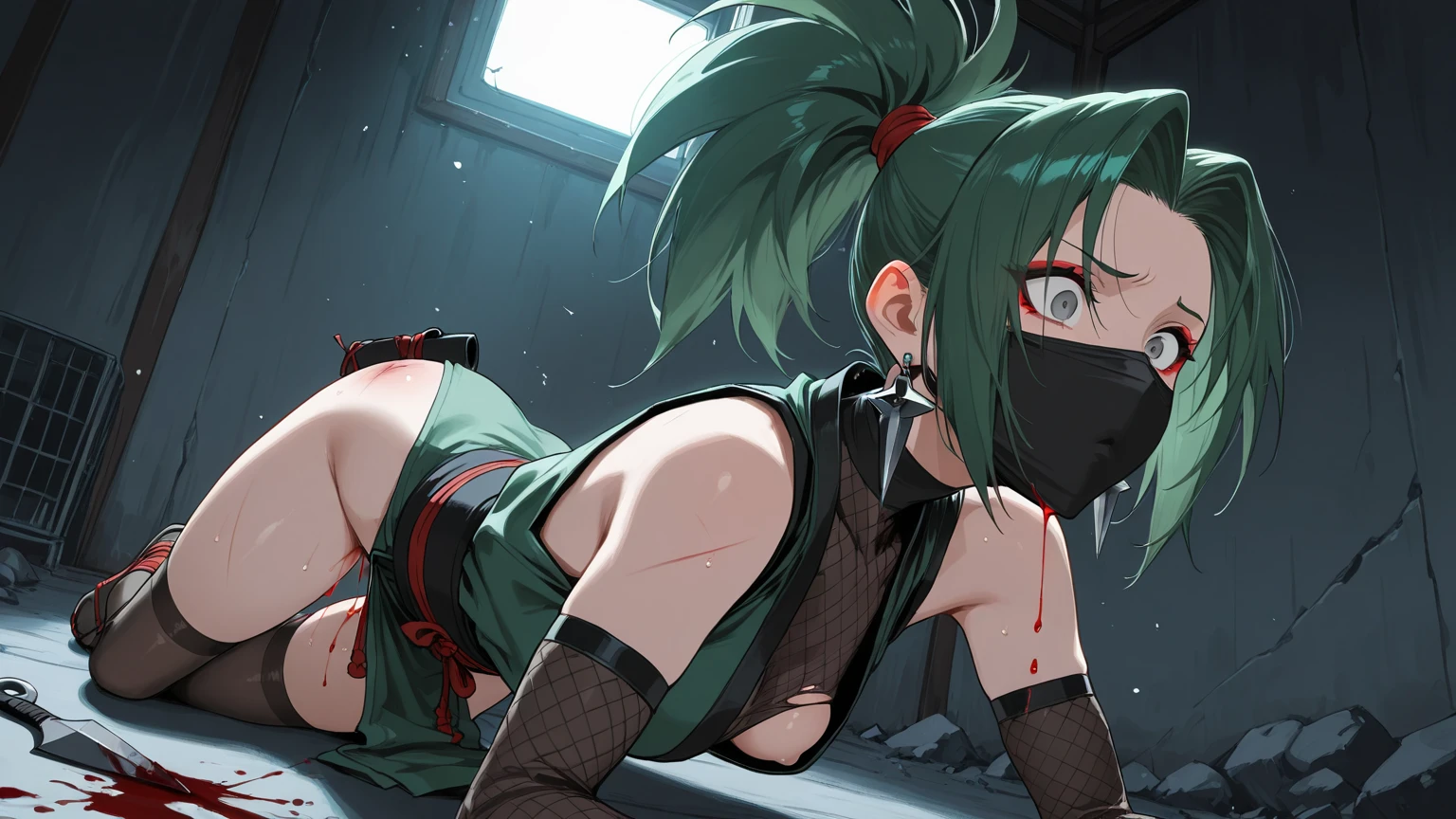 ((masterpiece,Highest quality:1.3)),focus nipples,(Needle pierces nipple:1.5)、bleed、(torture、Needles on the tips of iron mechanical tentacles)、(((upper body))),1woman、30-year-old beautiful detective、独奏,(very small head:1.3),green hair,(low ponytail),long hair,blunt bangs,green eyes,gorgeous eyes,tears、Pain、open mouth,drooling,medium breasts,(very long body:1.2),(toned body,slender body,skinny),gleaming skin,shiny skin,oily skin,((Injury:1.4)),topless,nipples,arms behind back,spread legs:1.3,(Mechanical tentacles restrain a woman:1.3)、Inside an abandoned building、rubble、World of Blade Runner、nsfw,