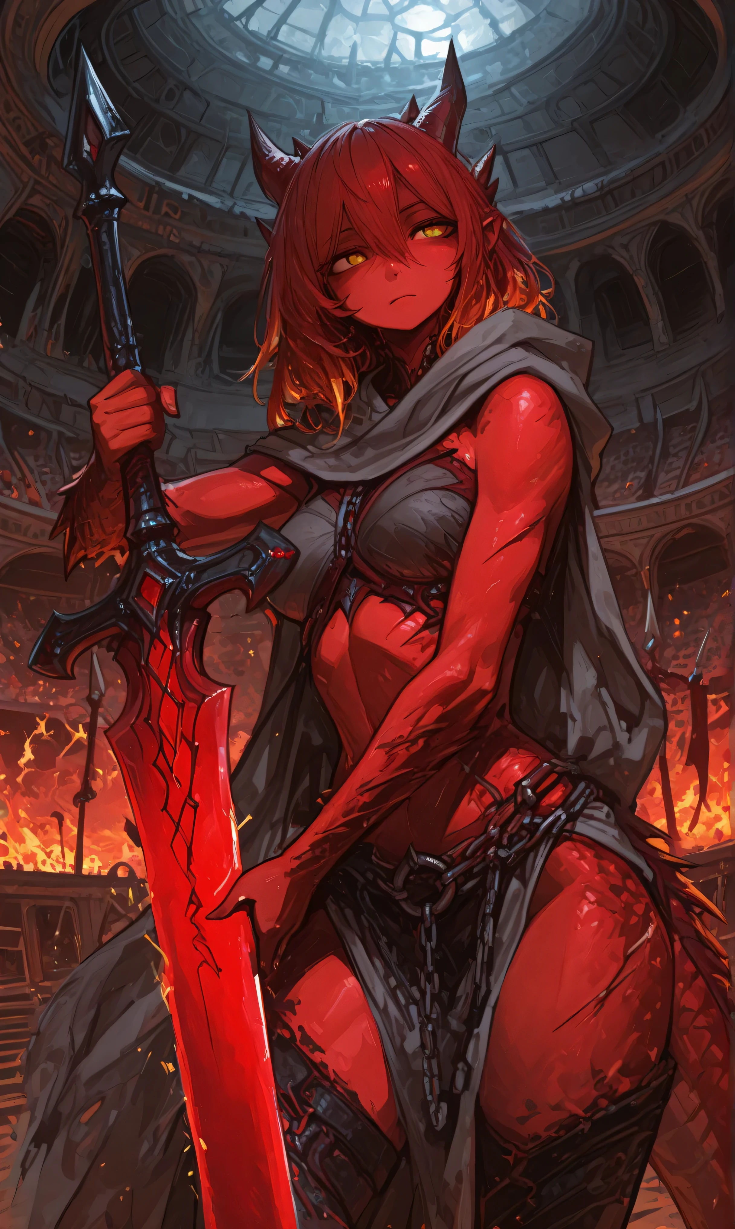 1 female, female, Red Dragonborn, Red skin, beautiful woman, Tall figure, strong, is expressionless, indifferent，bright amber eyes, horn, Tail, dark fantasy, Dungeons and Dragons, dnd, Fantasy Art,  detailed, Intricate, big eyes, whole_Body_illustration, Giant two-handed greatsword，with chains wrapped around the body，scar，flame，Covered in blood，horn斗士，arena，Spear throwing，gray cape，scar，combat posture