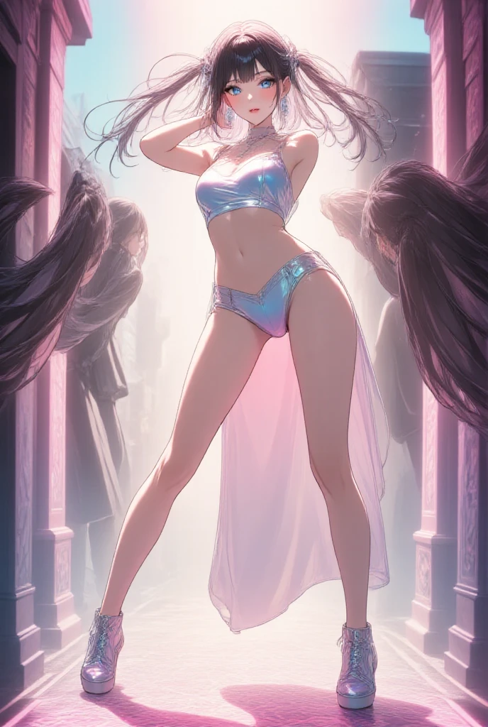 masterpiece, (bestquality), highlydetailed, ultra-detailed, sexy, vibrant, ( 1girl ) , detailedeyes , (red eyes :0.7: silver_hair ), beautiful detailed eyes , ( long hair : white hair :0.5 :silver_hair), silver_hair, Wing-like bangs, Dull hair, Hair rings ,(bikini:1.2), shiny metallic poles, energetic dance moves, (sunset:0.8), beach backdrop, (colorful lights:0.5), (high heels:0.7), (confident:1.5), (dynamic poses), (at the nightclub:0.8), (intense shadows:0.6)