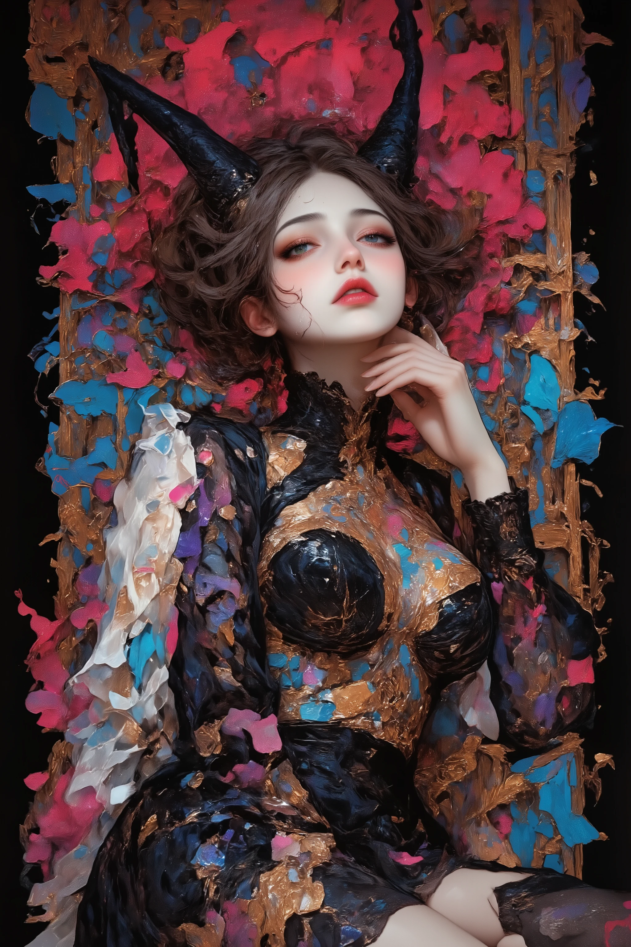 (( Bartolomé Murillo)) ((Women's Blog)) , in the style of dmai, dramatic portrait, fantasy, advanced contemporary artist mode, Gothic_girl, 1girl, innovative abstract floral graphic designs, queen, laying down, mouth open, water theme, ornate dress, bride, pillar of color, perfect hands, nouveau rococo