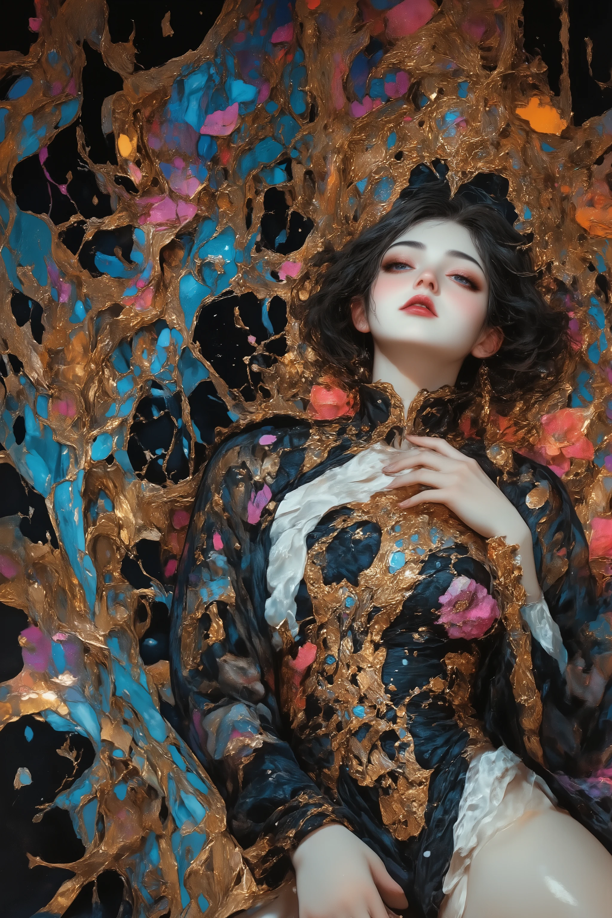 (( Bartolomé Murillo)) ((Women's Blog)) , in the style of dmai, dramatic portrait, fantasy, advanced contemporary artist mode, Gothic_girl, 1girl, innovative abstract floral graphic designs, queen, laying down, mouth open, water theme, ornate dress, bride, pillar of color, perfect hands, nouveau rococo