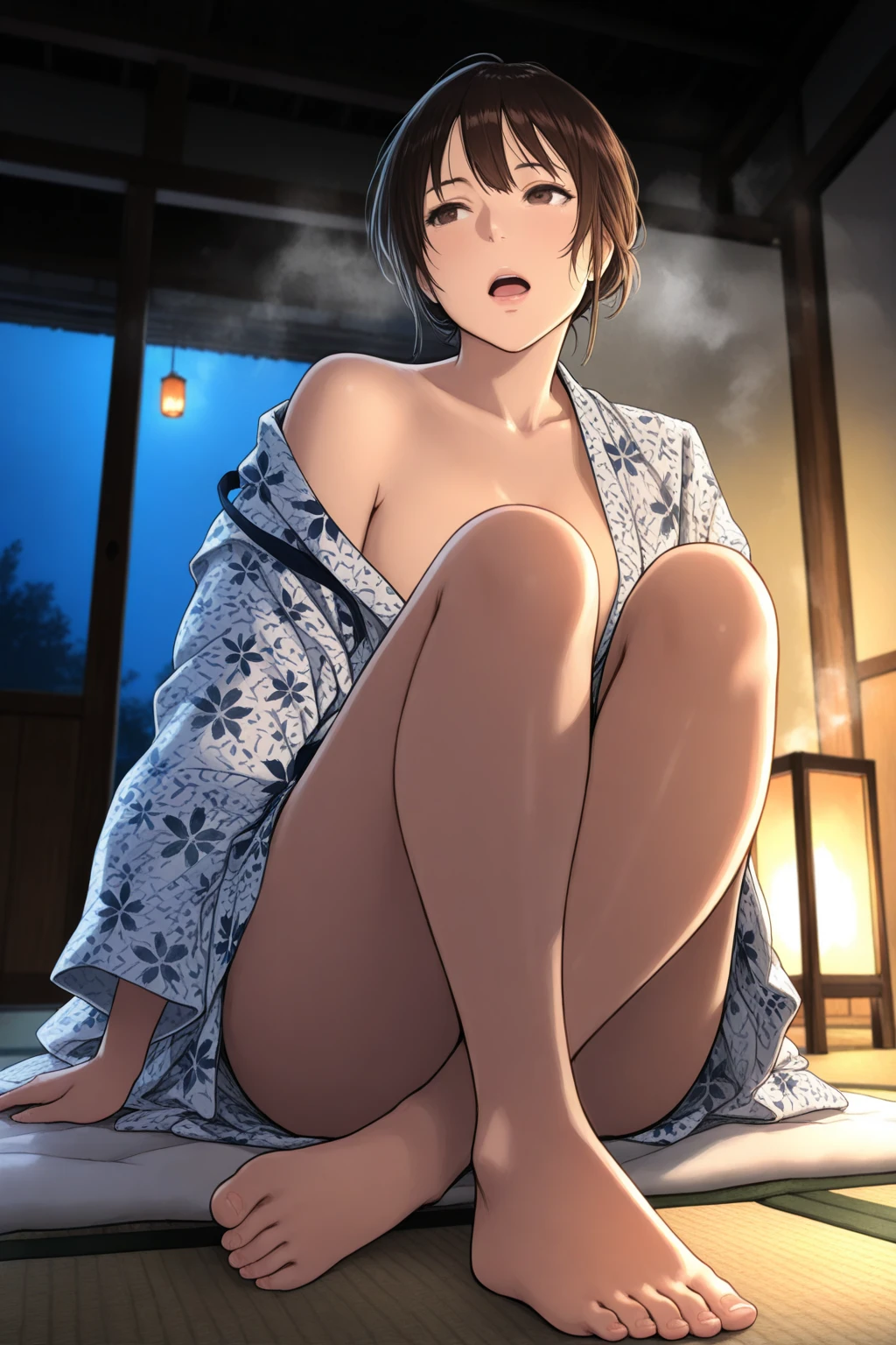 ((Highest quality)),(detailed), (アニメ),One girl, sexy,(Kimono over naked),short hair,(NSFW),standing,exposure play,tiny breasts,stripping off her clothes to show her body,sweat,(Japanese wooden clogs), traditional Japanese design