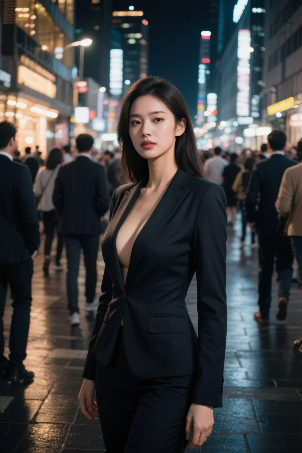 (masterpiece,best quality, 8K, 32k, nffsw: 1.2), Photos of beautiful Japanese women, Long hair、 Vision、Delicate face、Tokyo night scene detail、High-end、Adult women、Suit Beauty、Black tights、walk