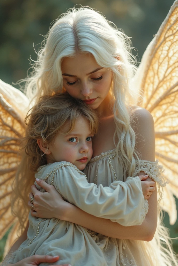 A beautiful fairy spirit holding a human child,big wings, protective,caring,long white hair ,big eyes filled with emotions, unrealistic beauty, ultra HD quality