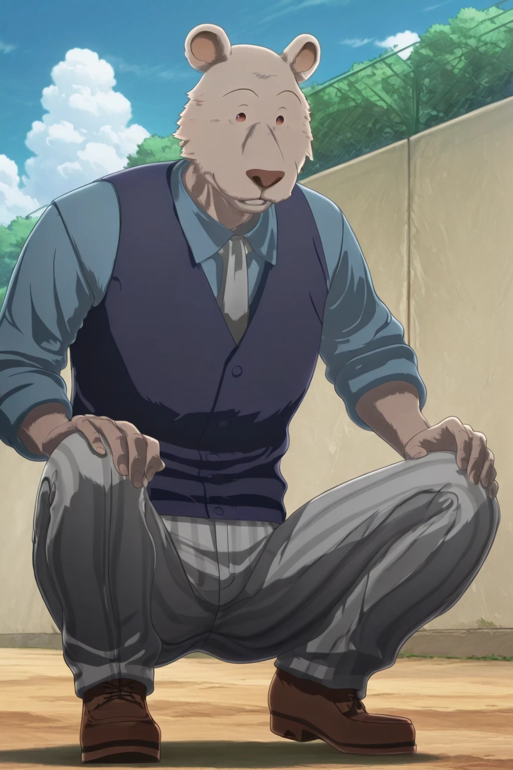 absurd result, best quality, alta calidad, detailed,  , wide shoulders, Mature man, small brown eyes, athletic build, musculvery hombre,  round bear ears, very, polished, Grey body, gray school pants with stripes ,Blue vest, long sleeve white shirt,  gray tie, while crouching, crouching, In the school yard,  Sky Blue , white clouds, sunny day, looking at the spectator, full body , smiling