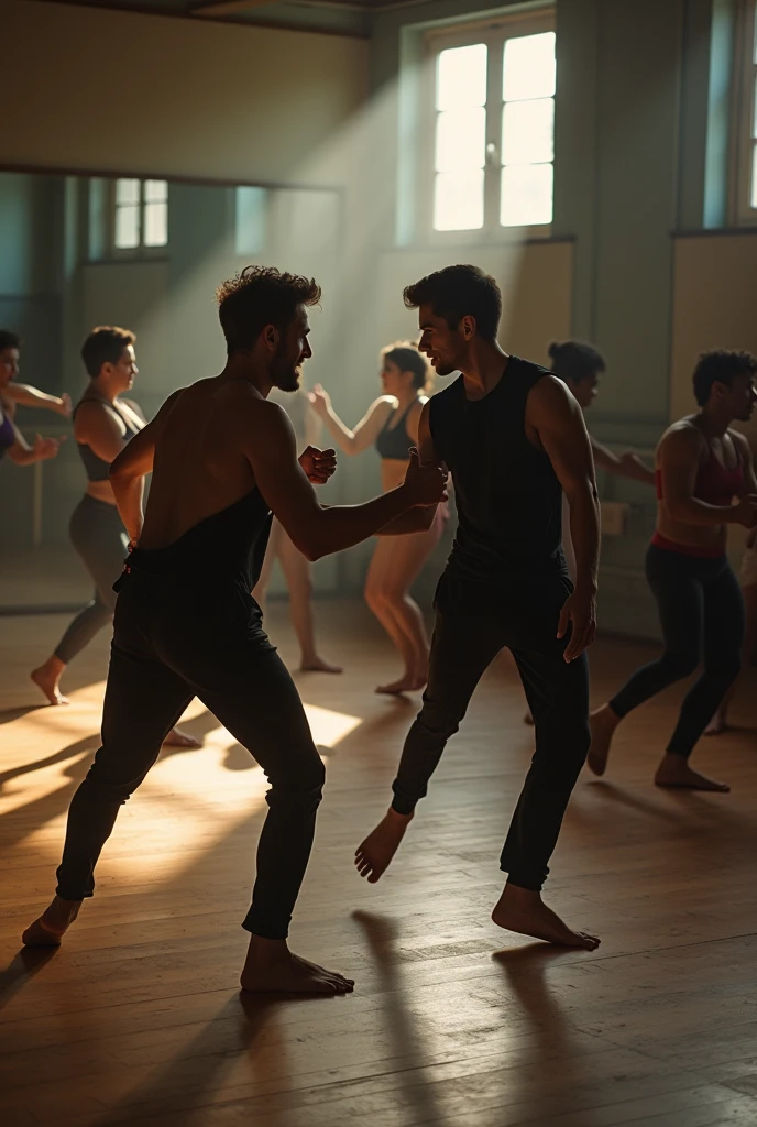 Two handsome men with beautiful faces, slim, shirtless, wearing black pants, dancing, raising their hands