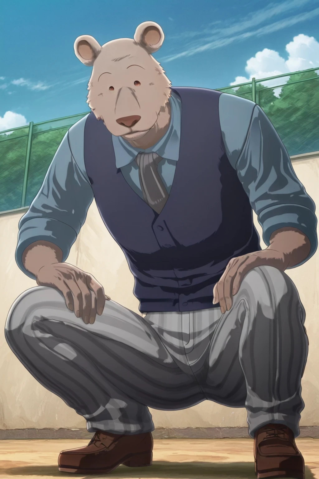 absurd result, best quality, alta calidad, detailed, , wide shoulders, Mature man, small brown eyes, athletic build, musculvery hombre, round bear ears, very, polished, Grey body, gray school pants with stripes ,Blue vest, long sleeve white shirt, gray tie, while crouching, crouching, In the school yard, Sky Blue , white clouds, sunny day, looking at the spectator, full body , smiling