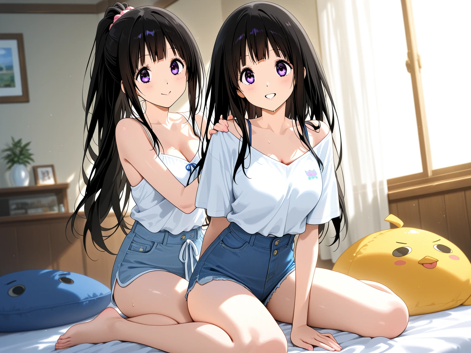 Girl with long black hair、(His blue and white checked shirt is unbuttoned、A glimpse of the orange bra)、(Blue it with your legs spread in an M shape、Showing off her cute white underwear)、(barefoot、cute leather shoes)、Short, big breasts, slender、Sisters give a double peace sign