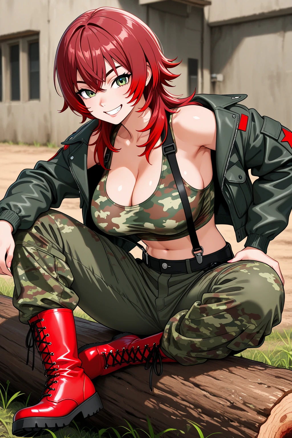 (open green jacket), military, big breasts, white tank top, muscular, auburn hair, green eyes, brown cargo pants, tomboy, airfield, tough, outdoors, sunny, 20 years old, portrait, tight shot