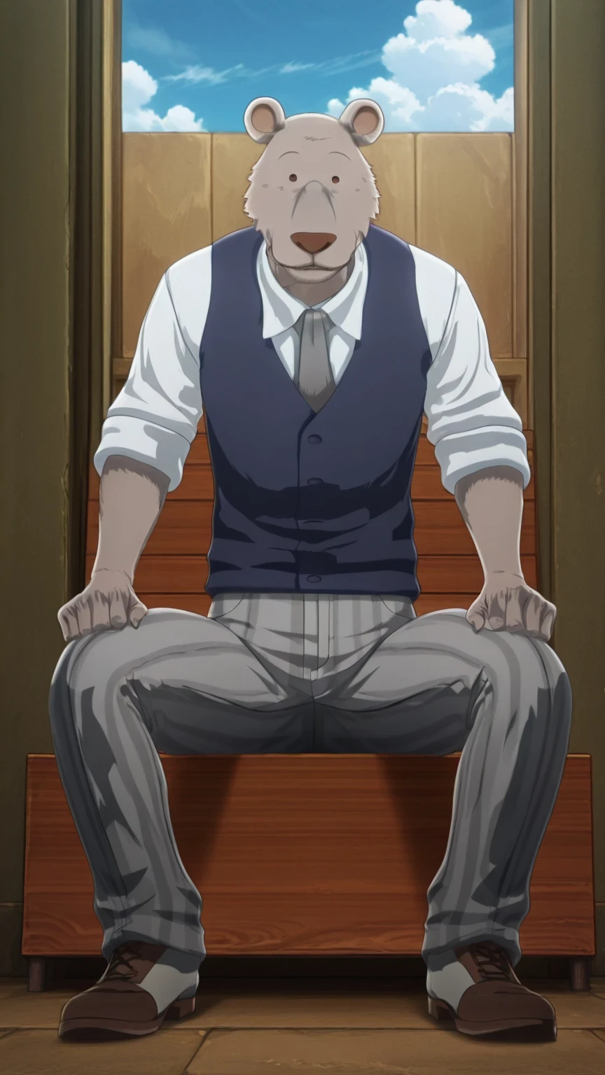 absurd result, best quality, alta calidad, detailed,  , wide shoulders, Mature man, ojos negros, athletic build,  round bear ears, very, polished, Grey body, gray school pants with thick black stripes ,Navy blue vest, long sleeve white shirt, gray tie, sitting on the floor,  , in the schoolyard,   Sky Blue  , white clouds, sunny day, looking at the spectator, full body, relaxed, gray fur, clawed hands, smiling 