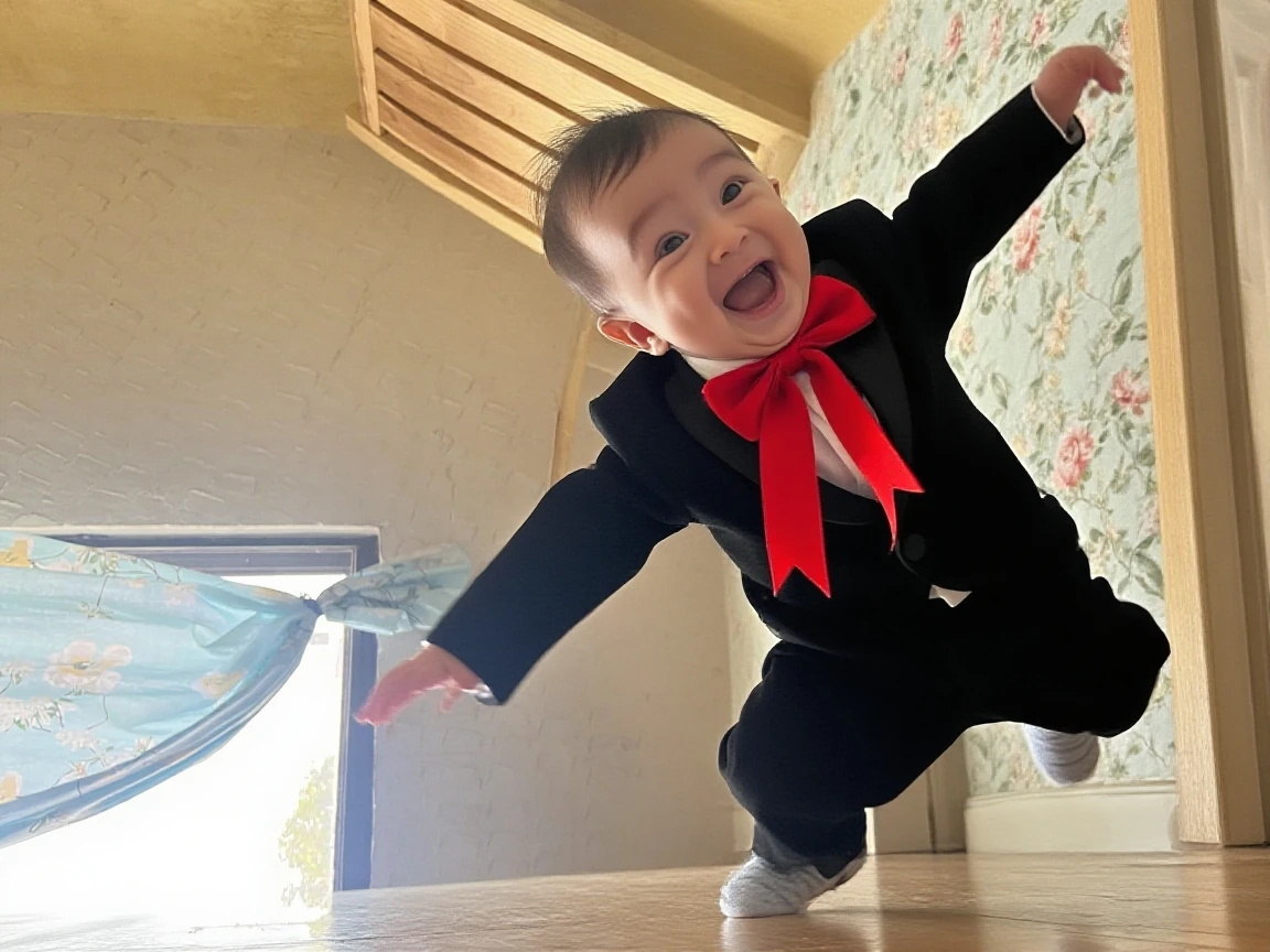 little boy in suit on stairwell