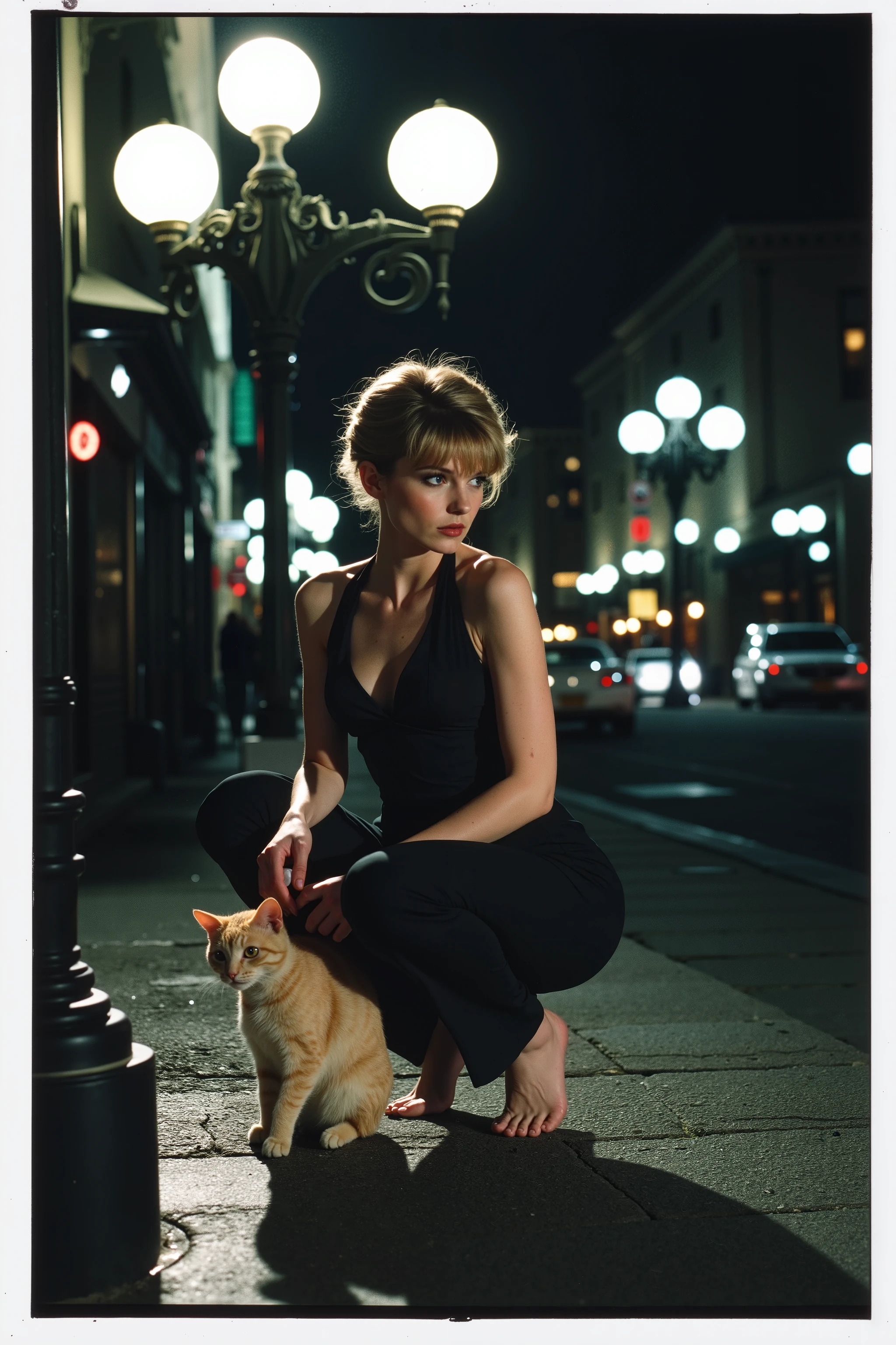 Polaroid style,Detailed hand,Perfect hand,bright light,bright light,over exposed style,Fine art photography style,artistic, realistic photo, frame from a film noir, city street, (lonely girl waiting near a lamppost, tall, slender, perfect rounded middle chest, very short hair neatly combed, ash blonde, thin graceful waist, long slender legs, dressed in a tight-fitting pantsuit, the light from the lantern illuminates her, she crouches down and strokes a lonely stray cat)