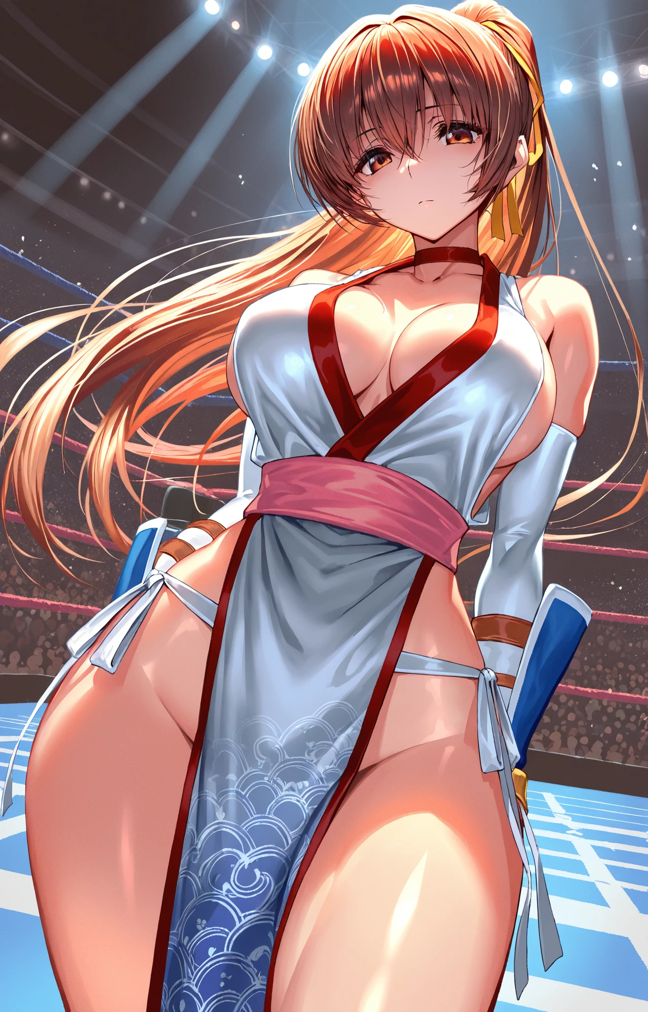 1990s,(style), (cel anime:1.1), official art,extremely detailed CG unity 8k wallpaper, perfect lighting,Colorful, Bright_Front_face_Lighting, (masterpiece:1.0),(best_quality:1.0), ultra high res,4K,ultra-detailed, photography, 8K, HDR, highres, absurdres:1.2, Kodak portra 400, film grain, blurry background, bokeh:1.2, lens flare, (vibrant_color:1.2),(from very below,ceiling:1.2),perfect anatomy,upskirt:1.3,brown hair,long hair,ponytail,yumi sayaka, (cute cheerleader uniform,micro miniskirt:1.3) (knee boots:1.3), choker, white gloves, choker, elbow gloves, jewelry, earrings, cowboy shot, 1990s,(style), indoors, (shiny skin), medium breasts,1990s,(style),(frown,shame, embarrassed,furrowed brow,closed eyes tightly,crying,tearly,opened mouth,screaming,full-face blush,:1.3) ,arms up,shibari,(shibari over clothes:1.6),bdsm,(bound wrists together:1.1),panties,cameltoe, erotic,(leg up,stand split leg, i-balanced,toe up, show white-high-cut-panty from micro-miniskirt:1.4),arched back,panties focus,pectoral cleavage,gipple,standing,