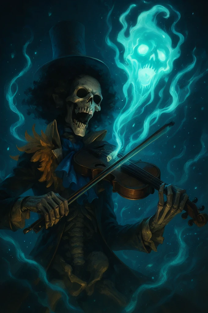 solo, looking at viewer, blue eyes, long sleeves, 1boy, hat, holding, jacket, upper body, male focus, frills, open clothes, ascot, black headwear, buttons, glowing, instrument, glowing eyes, curly hair, top hat, music, glowing eye, playing instrument, holding instrument, skeleton, violin, afro, bow \(music\), undead
