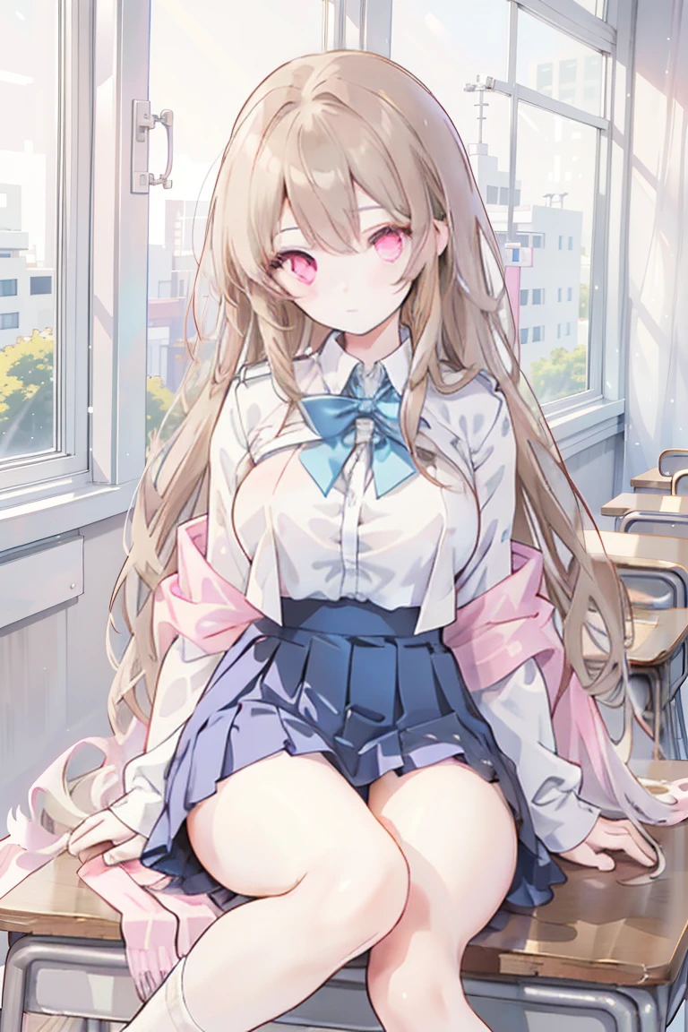 Perfect quality, masutepiece, 16 K, (From below:1.8), Beautiful girl sitting on train , Light brown long hair, High School Uniform, Brown eyes, Sweat, blushed face, Plump breasts, Open her legs, Looking at Viewer,