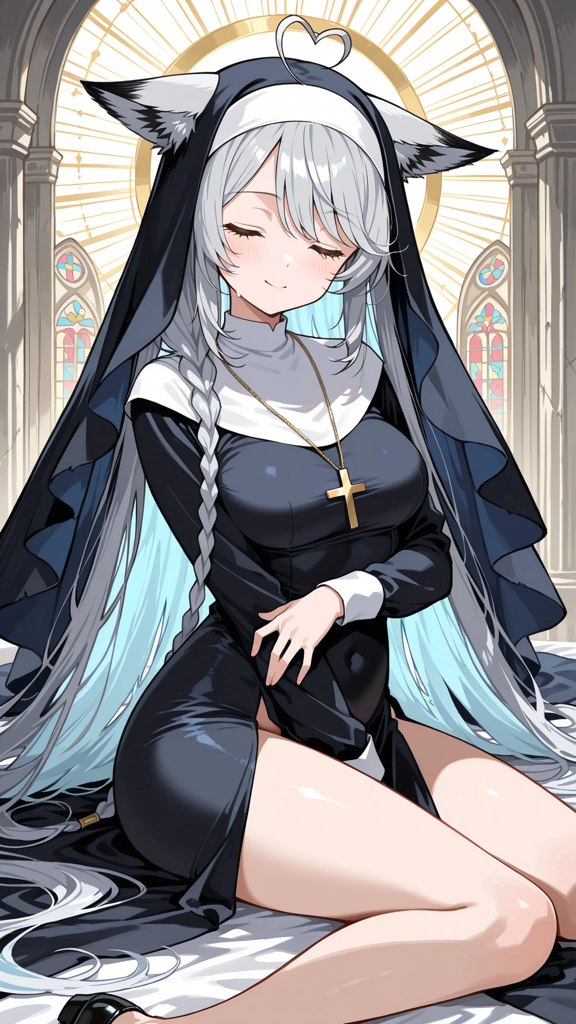 A sensually brooding nun with smoky eyes and tousled turquoise hair, her posture exuding confidence and mystery. She is clad in a nun's dress, a tattoo peeking from beneath torn clothes. In a striking photograph, she kneels in front of the camera, as her tattoo glimmers against the backdrop. Her huge exposed breasts add to her allure, a black cross tattoo underneath her eye, as the camera looks at her from the side. This is a captivating and high-quality image that blends eroticism with edginess, inviting viewers to ponder the enigmatic story behind the woman's intense gaze. ((She wears a ((silver cross)) with a ((silver chain)) around her (neck))) and has black lipstick on, in the church as the background.