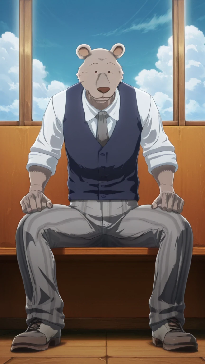 absurd result, best quality, alta calidad, detailed, , wide shoulders, Mature man, ojos negros, athletic build, round bear ears, very, polished, Grey body, gray school pants with thick black stripes ,Navy blue vest, long sleeve white shirt, gray tie, sitting on the floor, , in the schoolyard, Sky Blue , white clouds, sunny day, looking at the spectator, full body, relaxed, gray fur, clawed hands, smiling