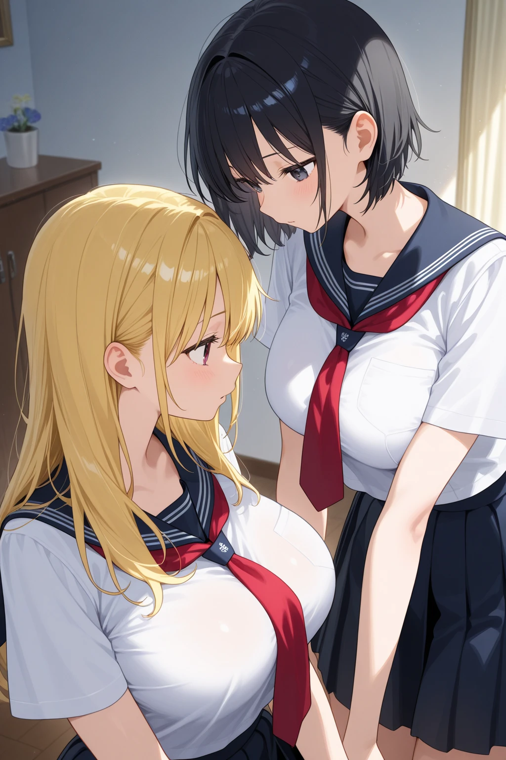 2girls, paizuri, penis between the breasts breasts squeezed together, my senpai and club president gives me a titfuck inside of the locker room, naughty senpai, cleavage, clothes lift, school uniform, bra lift, folded clothes, sweat, naughty face, pubic hair, senpai taking a picture using a smartphone