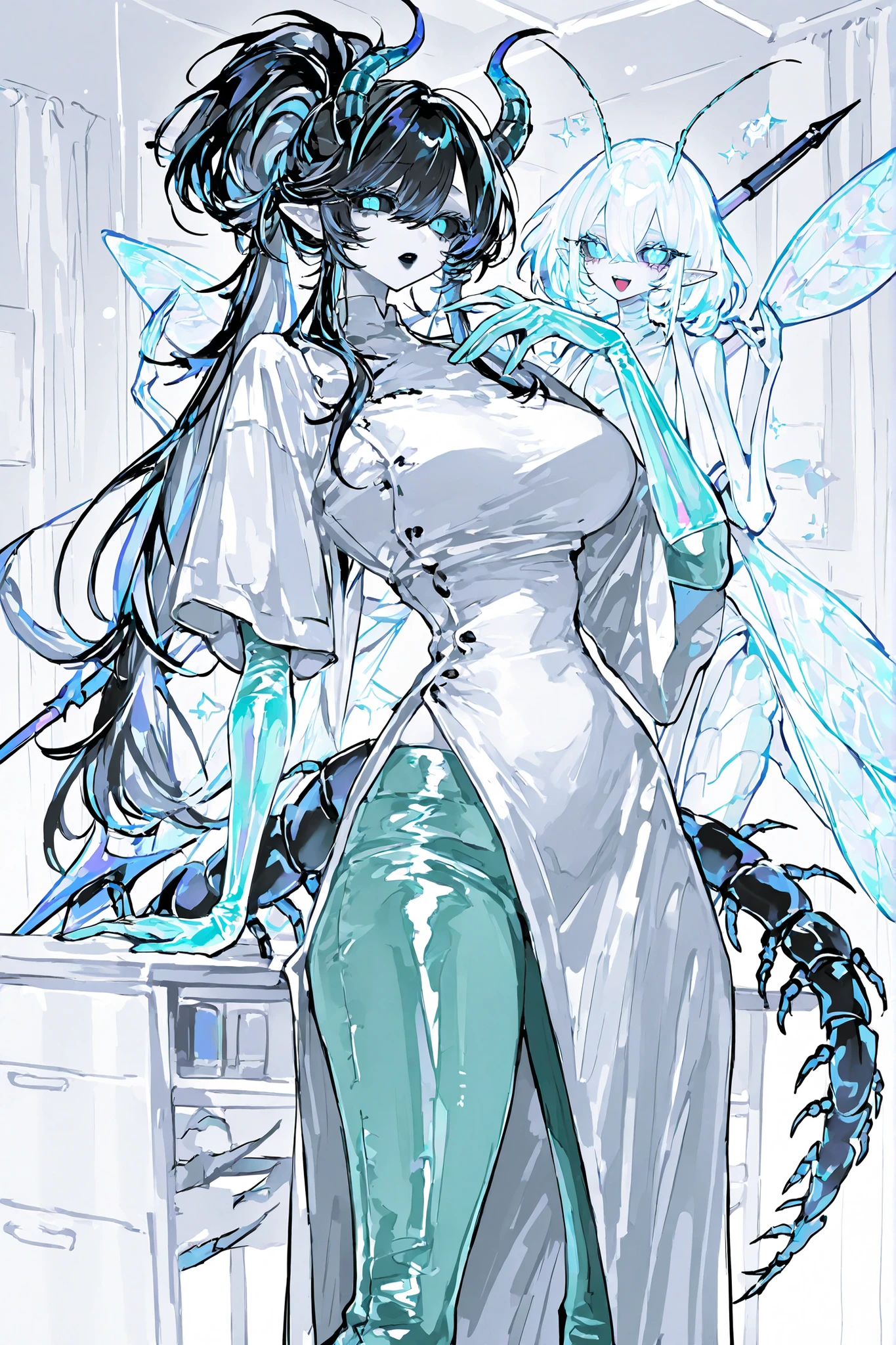 (xxx667_illu,) The monster woman is demon-centipede hybrid.  She has mature bodybuilding: she is tall, has big breasts, a narrow waist ,wide hips, PALE WHITE SKIN. she has a long black centipede tail with harpoon-like sting. She has pointy-ears. She has extra  pair of limbs in the form of black mantis paws. She has dragonfly wings. she has two long jagged horns on her head. she has pitch black hair with indigo blue highlight, slanting bangs and long tall ponytail rubber band. She has expressive glowing blue eyes,black sclera,  black eye shadow with long lashes. She has scarlet red lipstick on her plump lips and she smiles mysteriously. She is dressed in a doctor's costume: white medical robe in oriental style, medical blouse, turquoise capri pants, medical silicone gloves. In the background : is a medical office of demonic hospital, in the room standing an anatomical model of a person, surgical  instruments are on the tables.