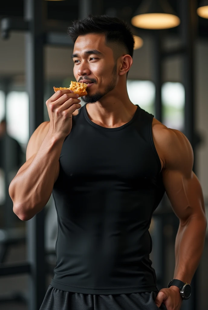 photorealistic, best quality, masterpiece, extremely detailed, very sexy, very homoerotic, side view, extremely handsome, 30 year old muscular filipino man, (muscular bodybuilder), shocked expression, wearing only apron, gstring jockstrap, in kitchen, toasted bread pops out of a toaster, he tries to catch the bread, extremely romantic atmosphere, perfect face, perfect fingers, perfect hands, perfection