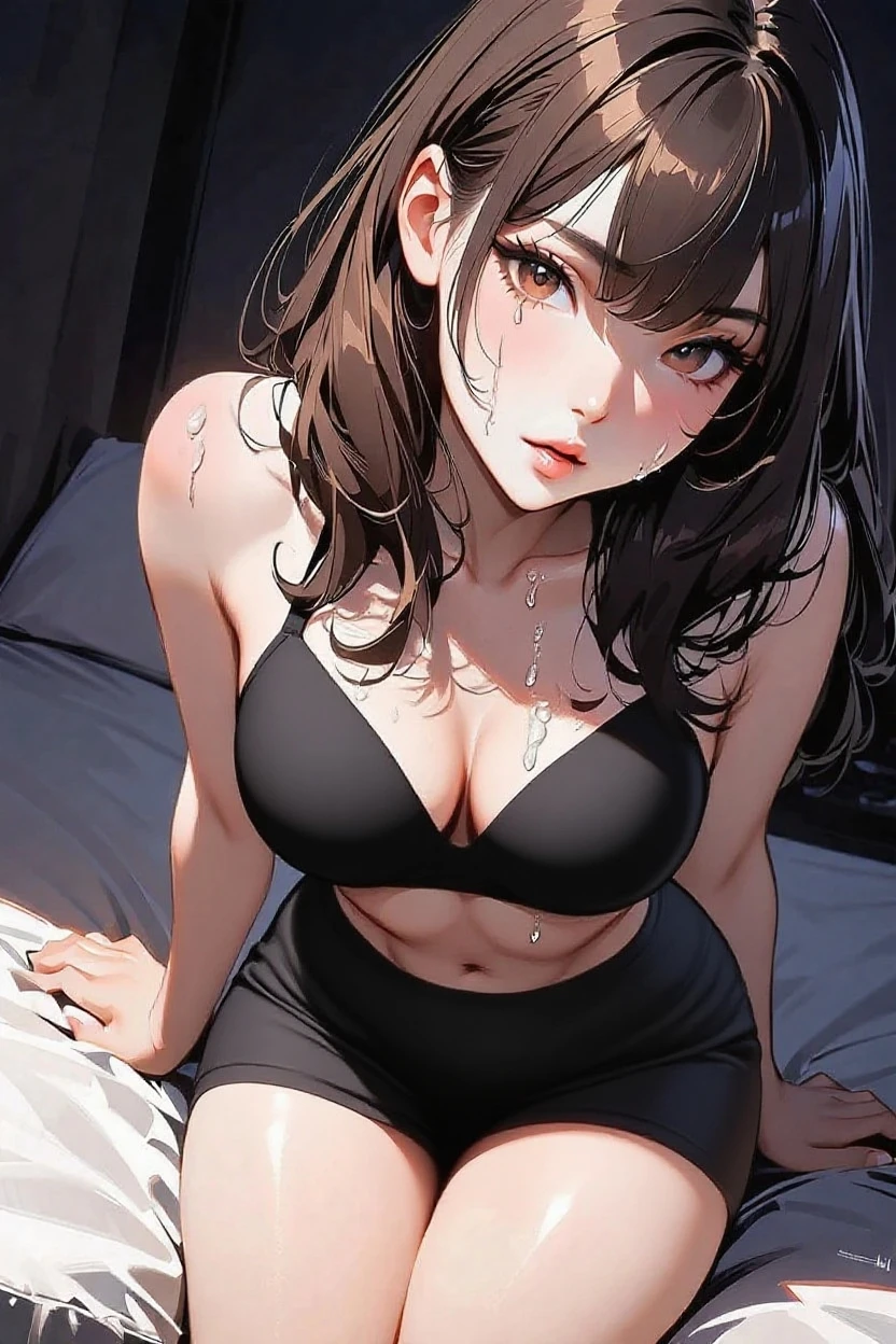 nsfw,One beautiful adult woman、25 years old、Japanese,perfect face, beautiful and symmetrical face:1.2、beautiful face:1.2、beautiful eyes:1.2、dark brown hair,short cut hair,brown eyes,shy look、(smaller head:1.4、ideal ratio body proportions、skinny,slender body:1.2,medium breasts),sweat,sitting,Spread legs M type,casual fashion、(black hoodie、crop top、white panties、camel toe,Wet crotch)、Simple bed、simple bedroom、at night、indirect lighting、
