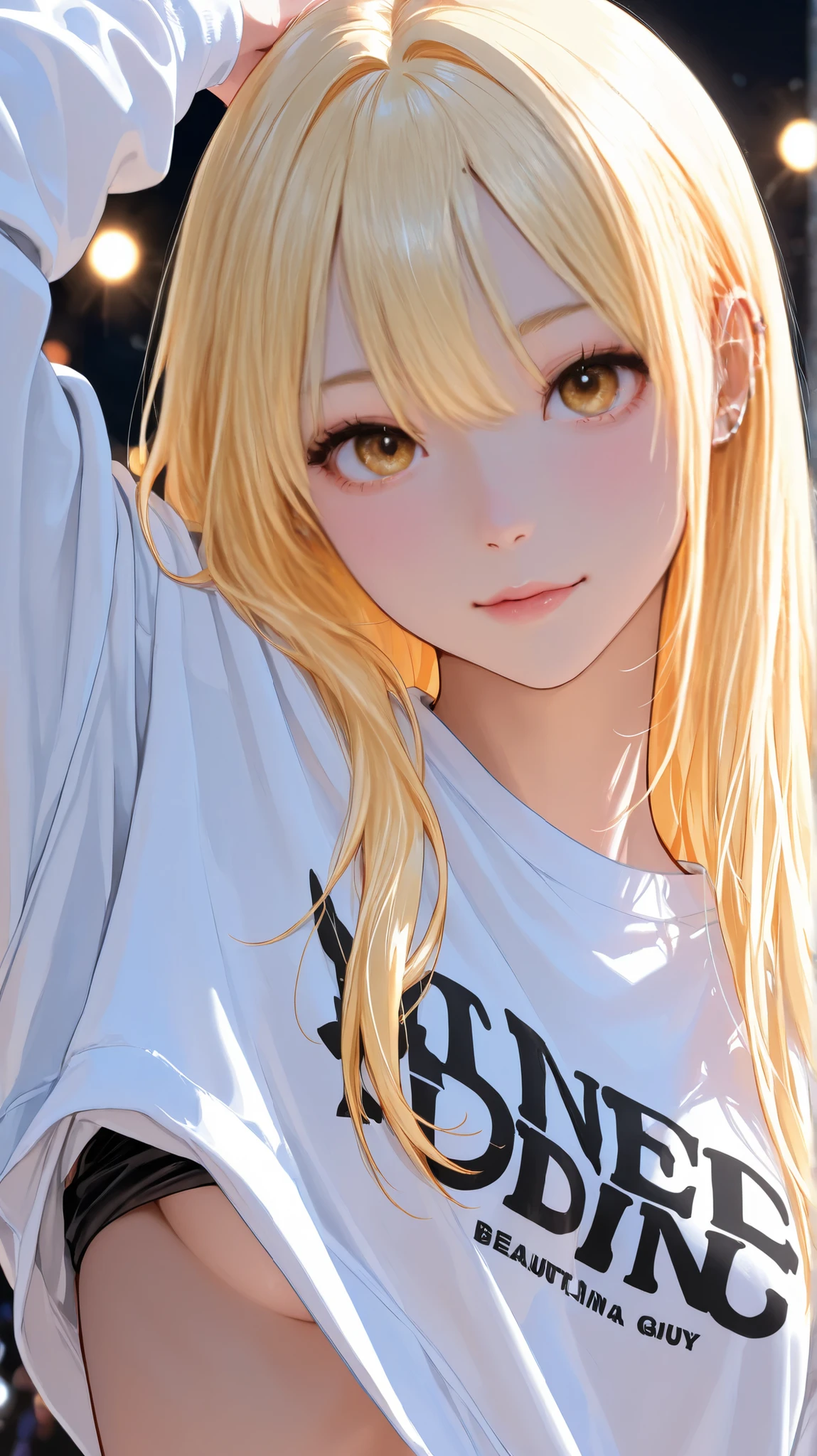 One girl、long blond hair、Street dance style clothes、I'm having sex with a guy in oversized clothes、An outdoor stage with beautiful illuminations、Upper Body Lift、staring straight ahead、piercings