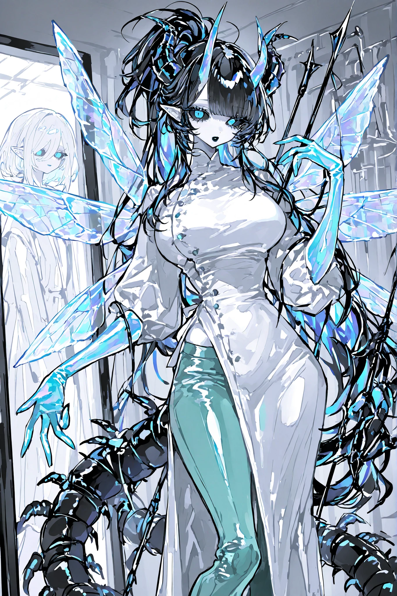 (xxx667_illu,) The monster woman is demon-centipede hybrid.  She has mature bodybuilding: she is tall, has big breasts, a narrow waist ,wide hips, PALE WHITE SKIN. she has a long black centipede tail with harpoon-like sting. She has pointy-ears. She has extra  pair of limbs in the form of black mantis paws. She has dragonfly wings. she has two long jagged horns on her head. she has pitch black hair with indigo blue highlight, slanting bangs and long tall ponytail rubber band. She has expressive glowing blue eyes,black sclera,  black eye shadow with long lashes. She has scarlet red lipstick on her plump lips and she smiles mysteriously. She is dressed in a doctor's costume: white medical robe in oriental style, medical blouse, turquoise capri pants, medical silicone gloves. In the background : is a medical office of demonic hospital, in the room standing an anatomical model of a person, surgical  instruments are on the tables.