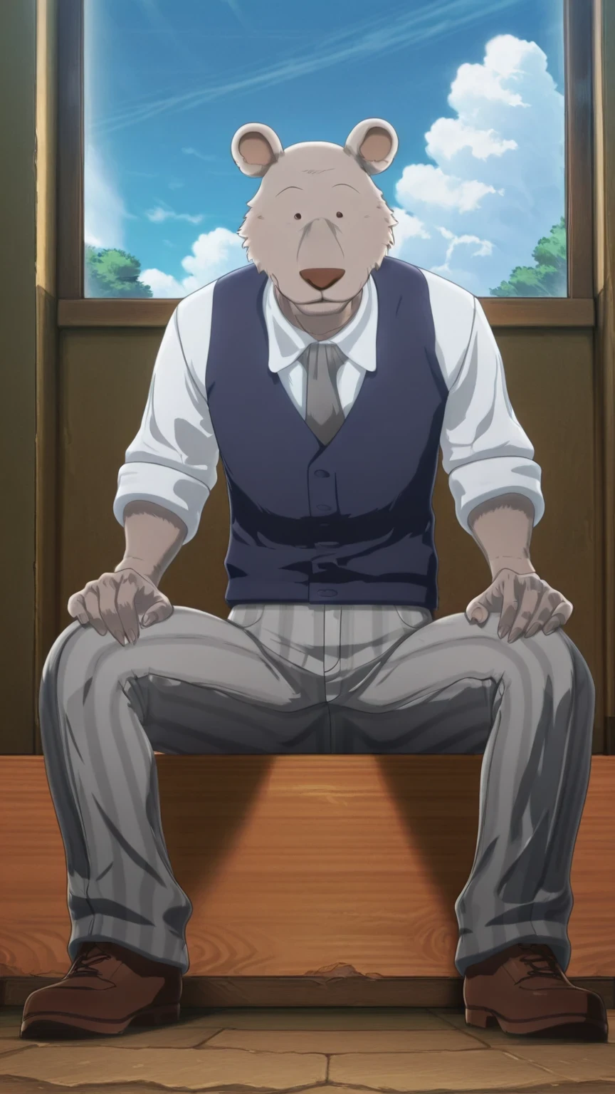 absurd result, best quality, alta calidad, detailed, , wide shoulders, Mature man, ojos negros, athletic build, round bear ears, very, polished, Grey body, gray school pants with thick black stripes ,Navy blue vest, long sleeve white shirt, gray tie, sitting on the floor, , in the schoolyard, Sky Blue , white clouds, sunny day, looking at the spectator, full body, relaxed, gray fur, clawed hands, smiling