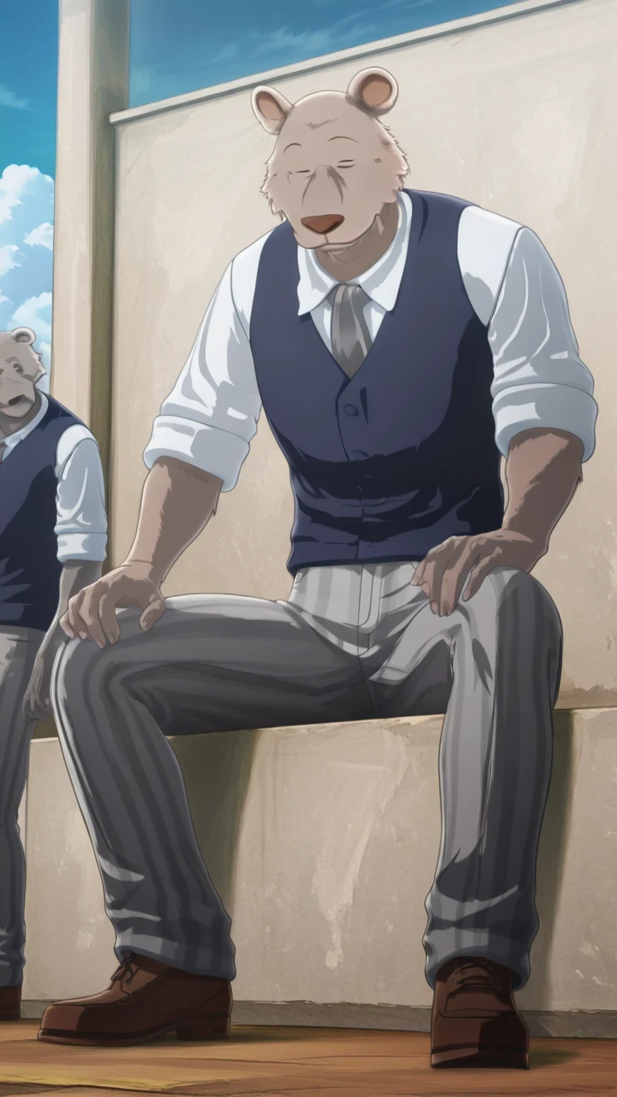 absurd result, best quality, alta calidad, detailed,  , wide shoulders, Mature man, eyes closed, athletic build, musculvery hombre,  round bear ears , very, polished, Grey body, gray school pants with thick black stripes ,Navy blue vest, long sleeve white shirt, gray tie, sitting on the floor, leaning , , In the school yard,  Sky Blue , white clouds, sunny day, looking at the spectator, full body, relaxed, gray fur, clawed hands