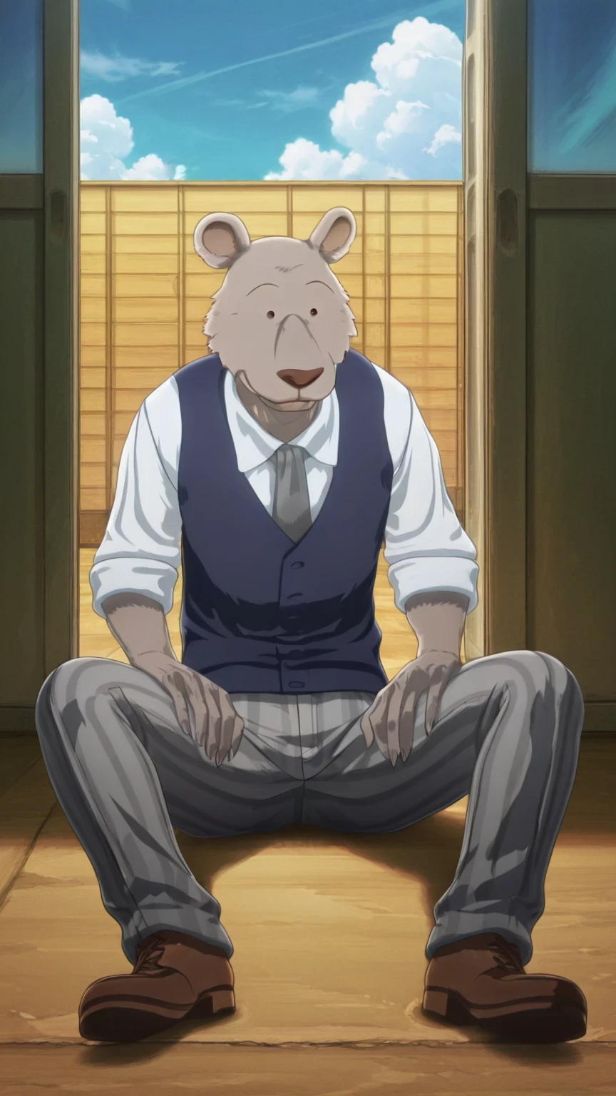 absurd result, best quality, alta calidad, detailed,  , wide shoulders, Mature man, ojos negros, athletic build,  round bear ears, very, polished, Grey body, gray school pants with thick black stripes ,Navy blue vest, long sleeve white shirt, gray tie, sitting on the floor,  , in the schoolyard,   Sky Blue  , white clouds, sunny day, looking at the spectator, full body, relaxed, gray fur, clawed hands, smiling 