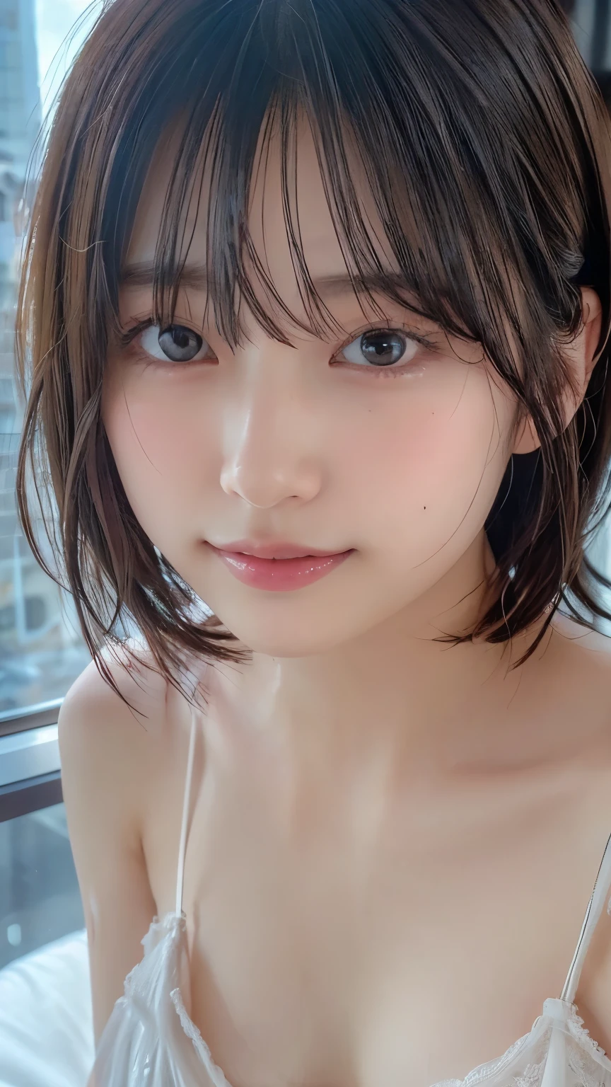 ((masterpiece, Highest Quality , high resolution)), 1 Japanese woman , ( realistic : 1.4), exciting、 amazing face , shiny lips 、 short hair, brown hair、( beautiful hair:1.5), Sheer、 negligee 、 Beautiful legs、 on the bed、staring、 front angle, Smooth, Highly Detailed CG Composite 8k Wallpaper, high resolutionのRAWカラー写真, professional photos that make your hands crawl slowly, light, backlight facing the front, dreamy, Impressive, Written Borders, ( face close-up :1.5)、 small breasts、Mole、 selfie、 teardrop bags、 mouth in the city 、armpit、blush、 angel smile
