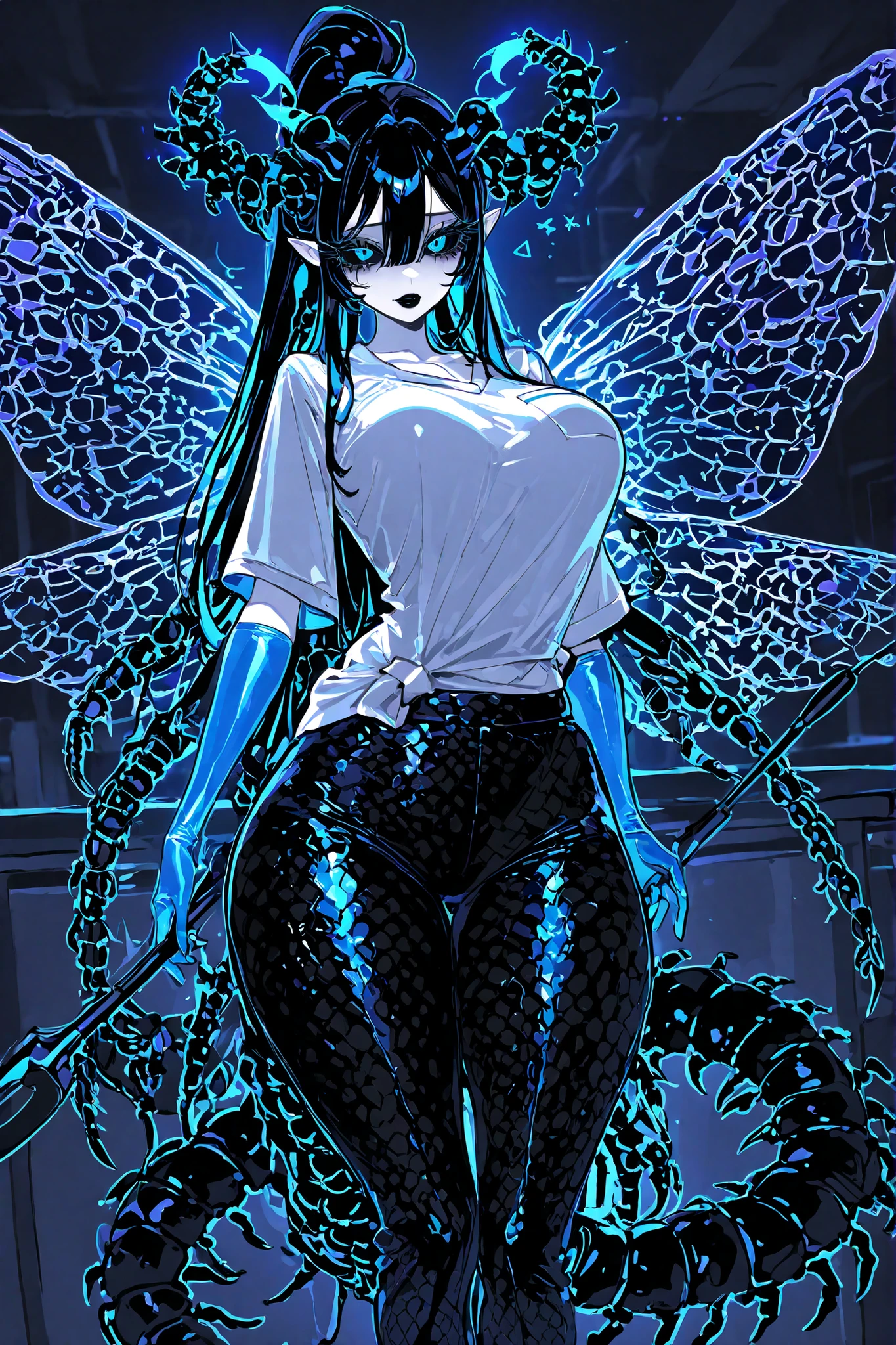 (xxx667_illu,) The monster woman is demon-centipede hybrid.  She has mature bodybuilding: she is tall, has big breasts, a narrow waist ,wide hips, PALE WHITE SKIN. she has a long black centipede tail with harpoon-like sting. She has pointy-ears. She has extra  pair of limbs in the form of black mantis paws. She has dragonfly wings. she has two long jagged horns on her head. she has pitch black hair with indigo blue highlight, slanting bangs and long tall ponytail rubber band. She has expressive glowing blue eyes,black sclera,  black eye shadow with long lashes. She has scarlet red lipstick on her plump lips and she smiles mysteriously. She is dressed in a doctor's costume: white medical robe in oriental style, medical blouse, turquoise capri pants, medical silicone gloves. In the background : is a medical office of demonic hospital, in the room standing an anatomical model of a person, surgical  instruments are on the tables.