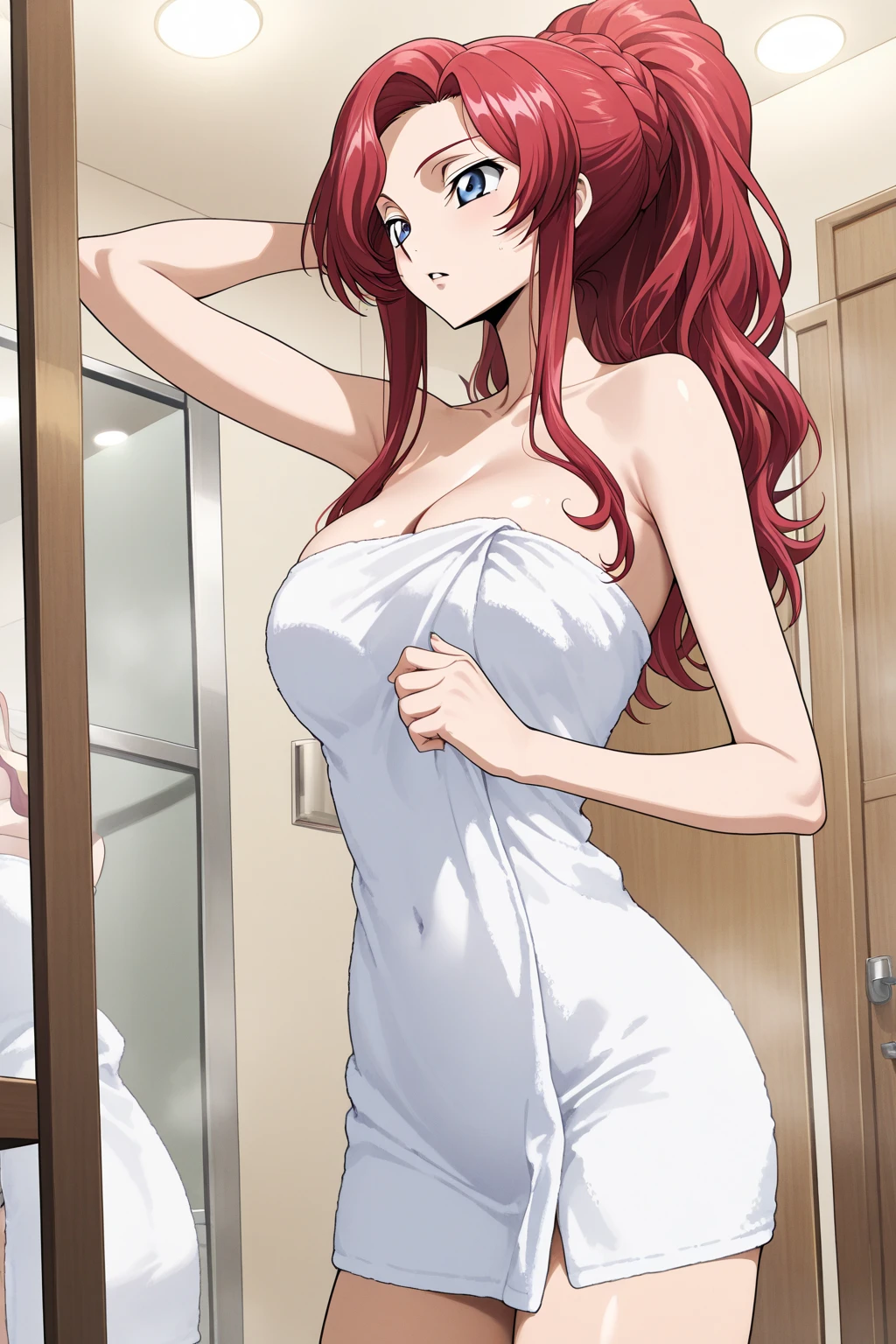 (high quality, 8k, 4K, high contrast, artwork:1.2, high quality, best aesthetics), ((1 woman)), erotic, sensual, mature body, super detailed, beautiful face detailed, beautiful eyes detailed, detailed beautiful mouth, sexy body, perfect breats, perfect wide thighs, (long, wavy dark purple hair), (dark purple eyes), (black lipstick), (serious facial expression), (naked with a long white kitchen apron), (standing), (centered) , (looking at the viewer), (kitchen)