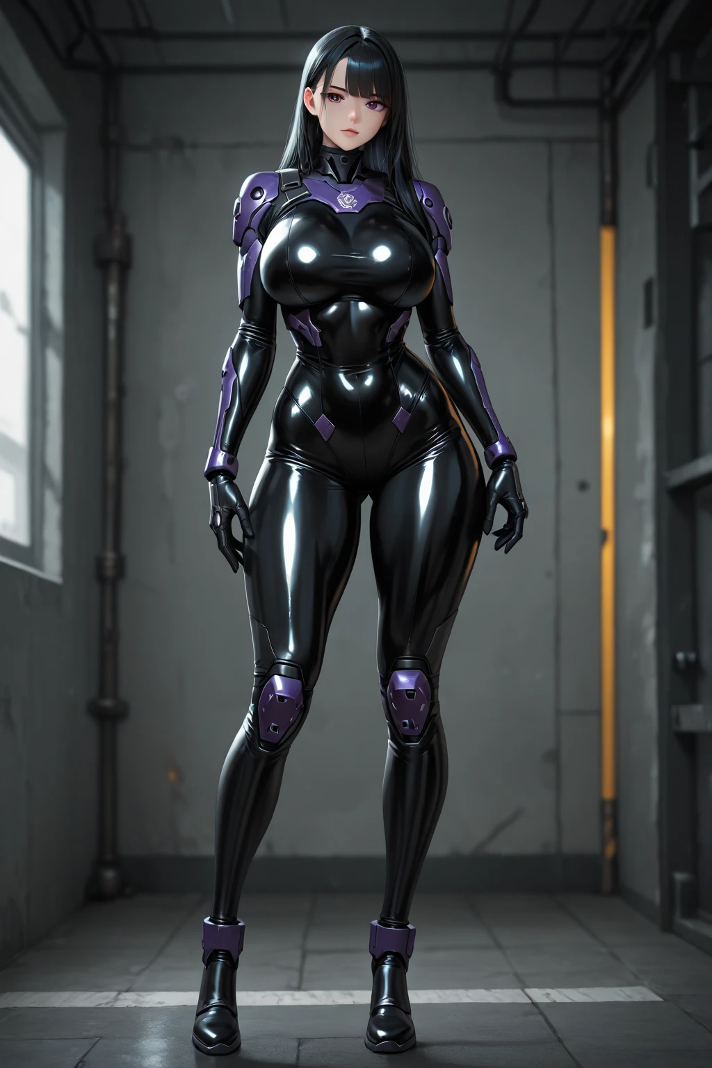 1 girl,NSFW,  Kyoko Masaki,(yu give oh),todef,short hair, Brown hair, hair ornament, high Horse tail, Horse tail,huge breasts, clavicle, Bright purple eyes,absurd, brainwashing,empty eyes, ((No expression,erasure of emotions)), (fitted black latex bodysuit),set aside , full body figure,((Stand, greeting)), (of the highest quality、4k、8k、High resolution、should have:1.2)、Super detailed、(reality、reality的なです、reality的な:1.37)、heart、hyper high definition、studio lighting、ultra definition paint、sharp focus、Physically based representation、Extreme details、Professional specifications、vitality and color、blurred、sports portrait、landscape、horror style、anime big breast、sf、Photography、Conceptual artist、Five fingers, perfect body,  {{{masterpiece}}}, {{{of the highest quality}}}, {{Super detailed}}, {form}, {{very delicate and beautiful}},Improved cost performance、all roles、Canon 5D MK4でPhotography、Photography, 